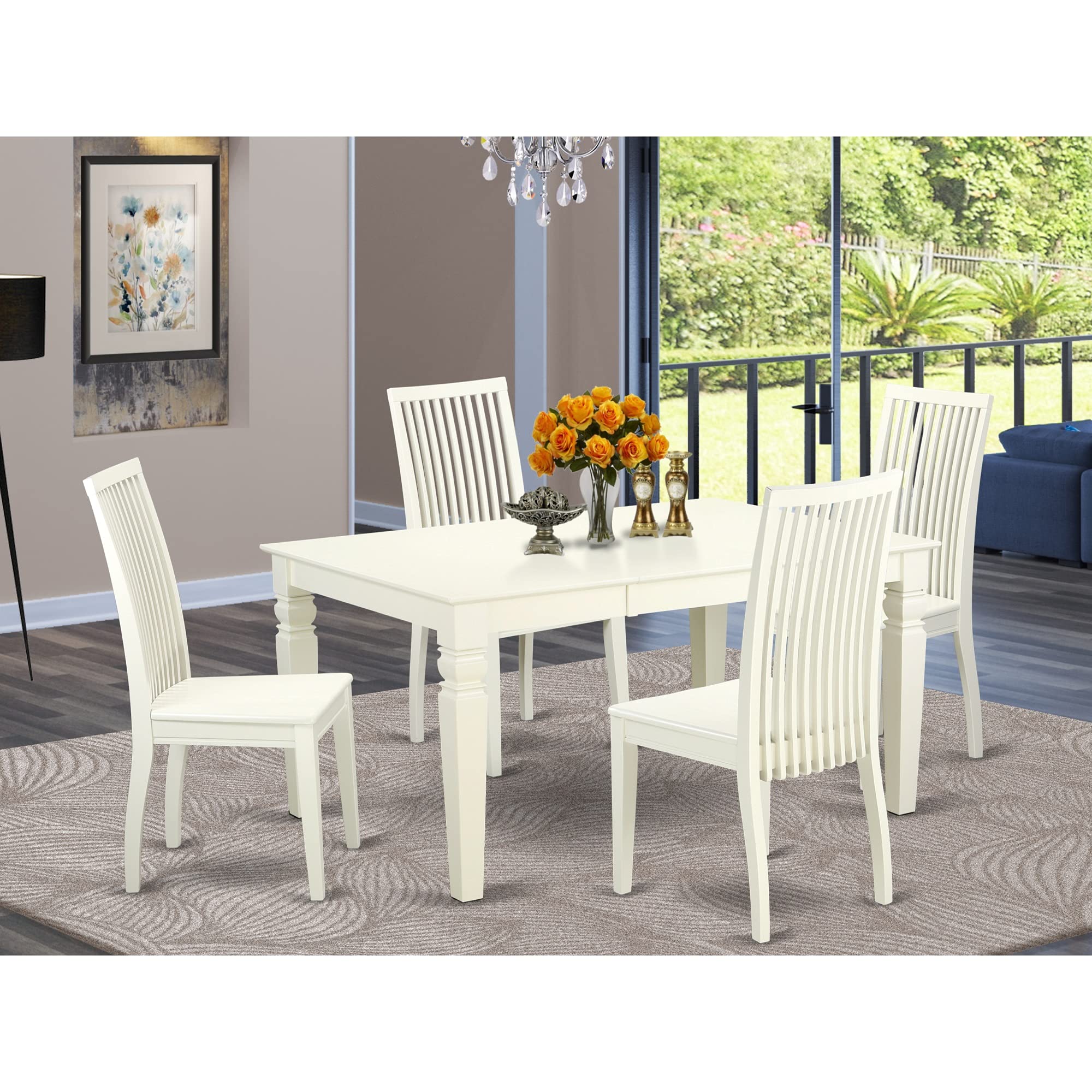East West Furniture WEIP5-LWH-W 5 Piece Dining Set Includes a Rectangle Dining Table with Butterfly Leaf and 4 Kitchen Chairs, 42x60 Inch, Linen White
