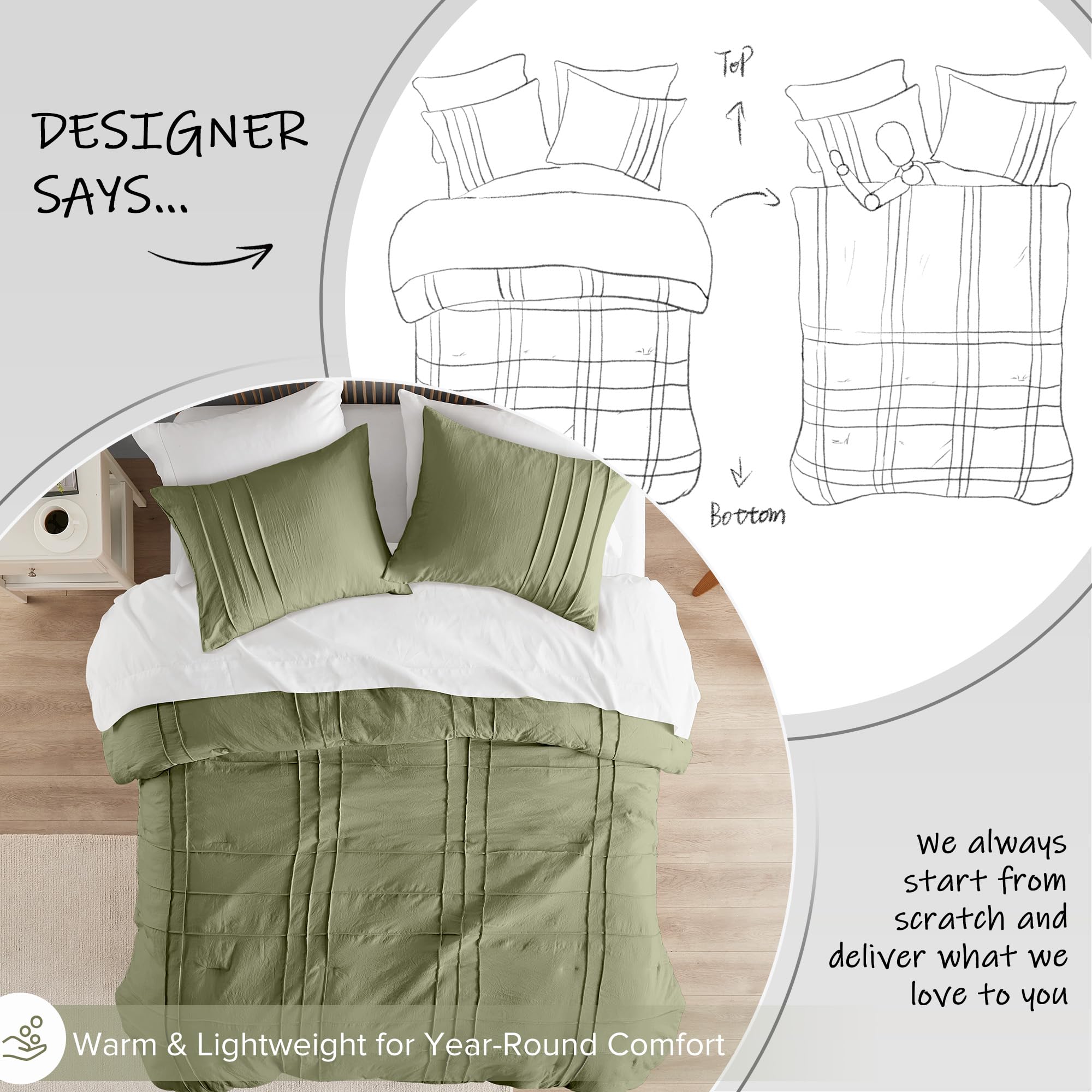 Comfort Spaces Olive Green King Size Comforter Set - 3 Pieces Pintuck Pleated Bedding Sets King, All Season Lightweight, Extra Softness Pre-Washed Microfiber King Bed Set, Shams, King