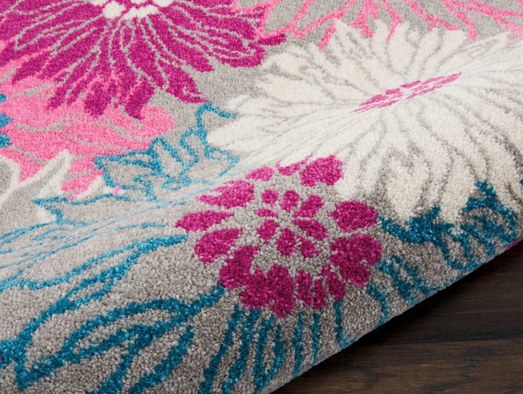 HomeRoots Grey 100% Polypropylene 2’ x 8’ Gray and Pink Tropical Flower Runner Rug