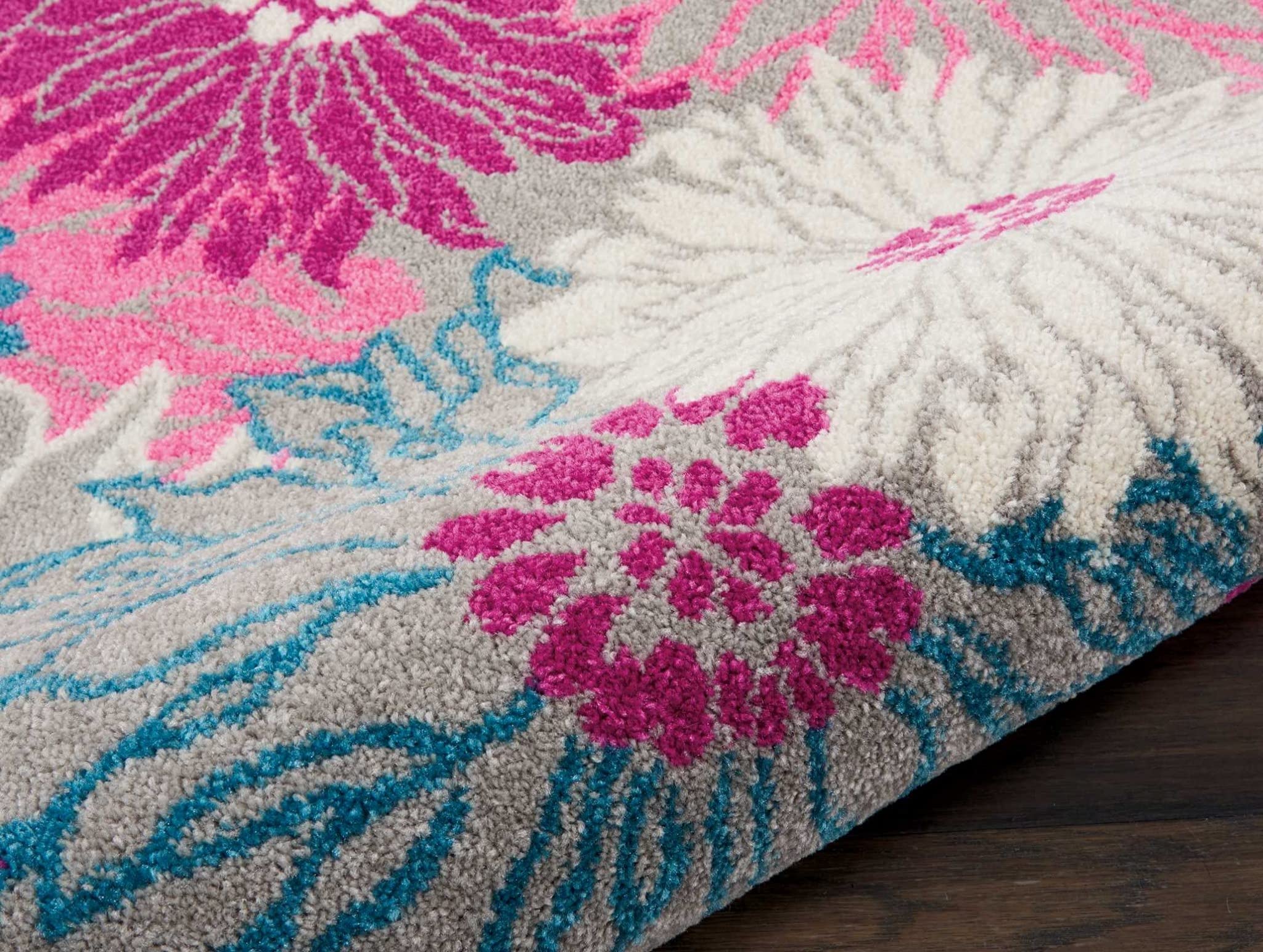 HomeRoots Grey 100% Polypropylene 2’ x 8’ Gray and Pink Tropical Flower Runner Rug