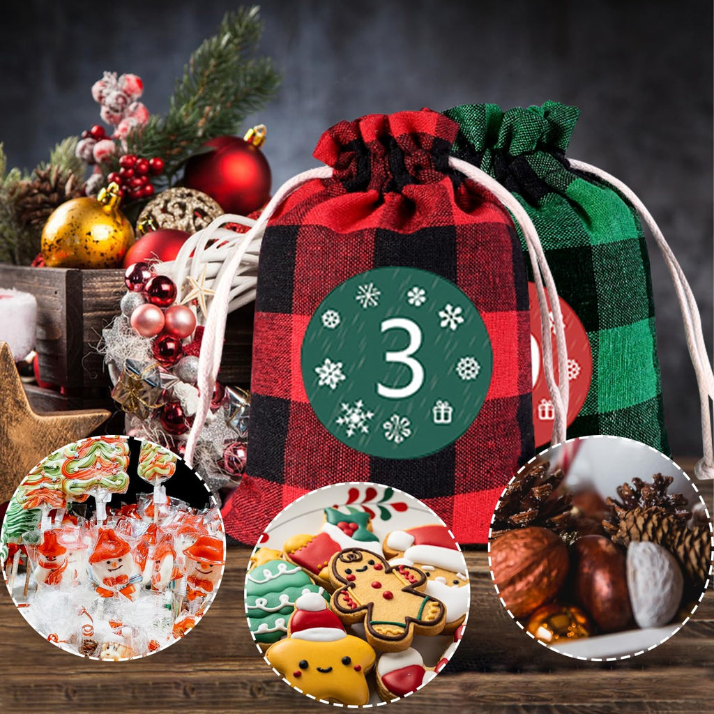 24 Pcs Christmas Advent Calendar Bags, Christmas Advent Calendar Burlap Bags, Hanging Candy Gift Bags With Drawstring, 24 Days C