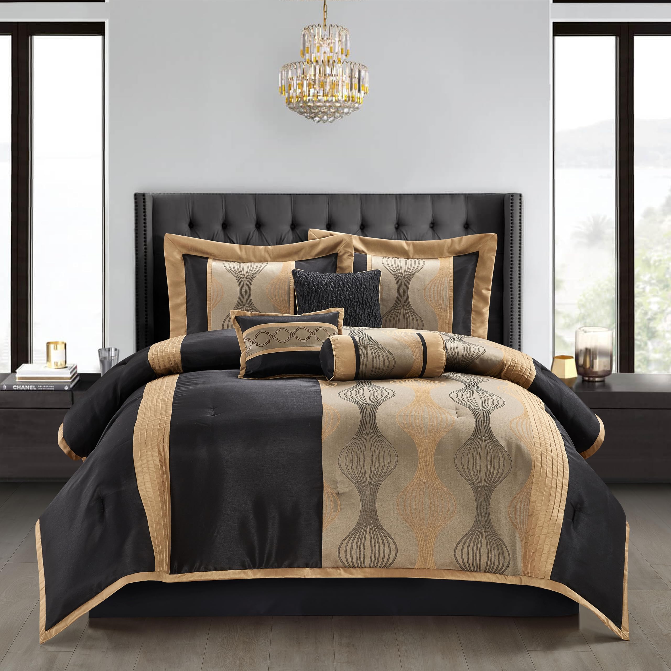 Stratford Park Black And Gold Comforter Set, 7 Pieces Jacquard Bedding Sets With Comforter, Bed Skirt, Pillows & Shams, Californ