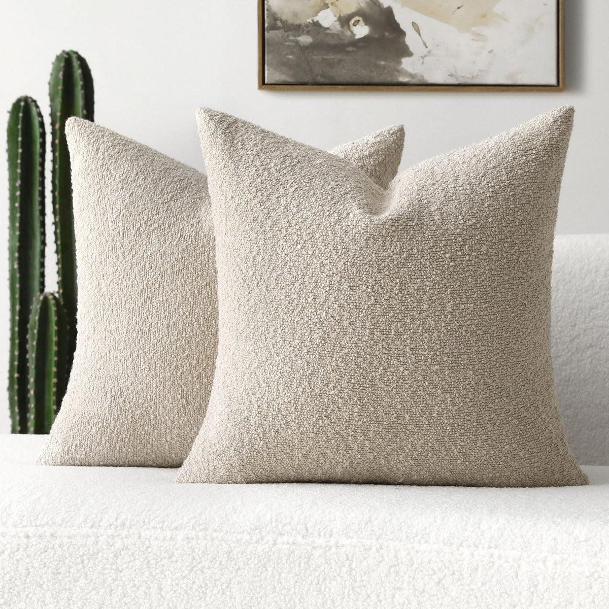 Futei Pack Of 2 Beige Boucle Accent Decorative Throw Pillow Covers,18X18 Inch Soft Solid Textured Cushion Case,Home Decor For Co
