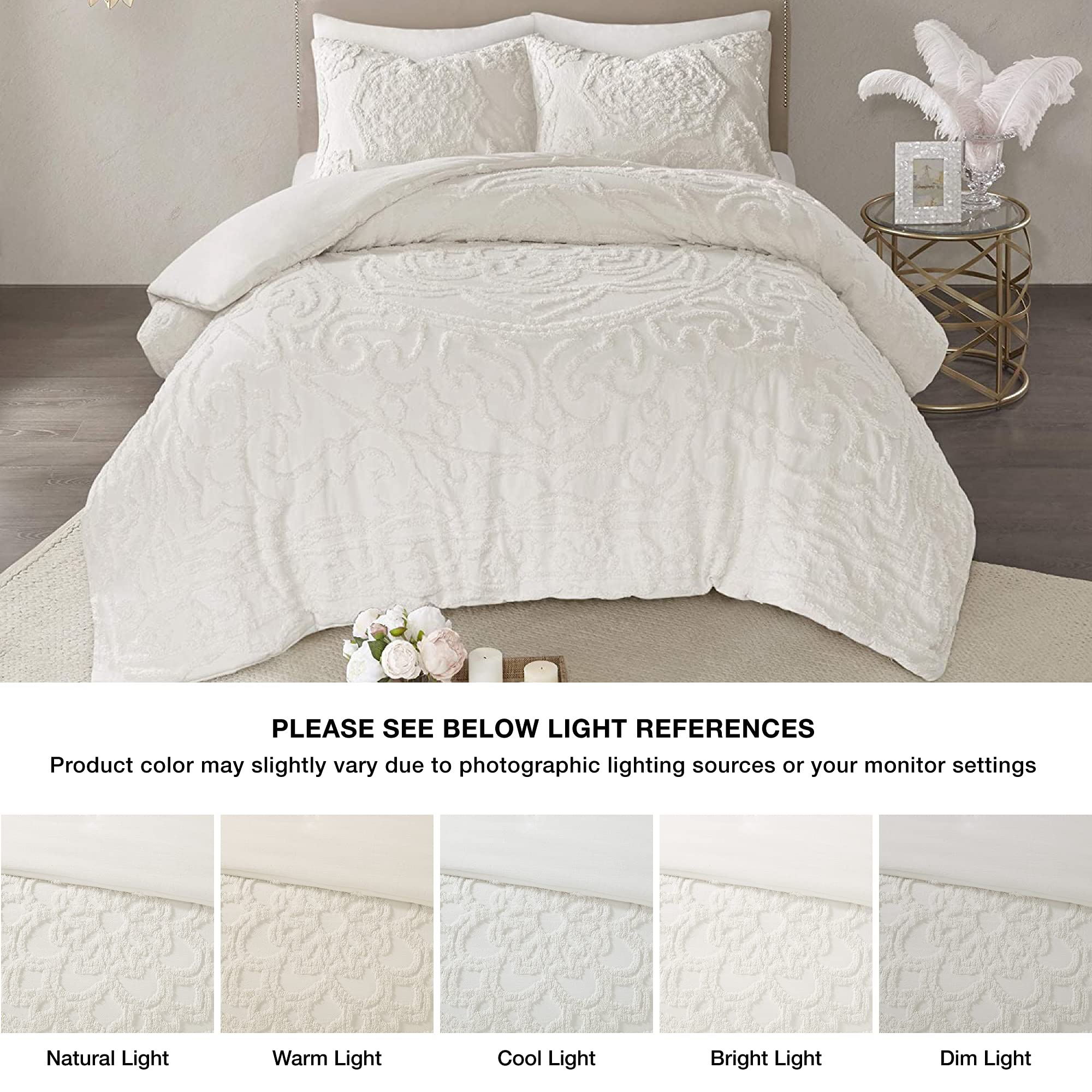 Madison Park Laetitia 100% Cotton Duvet Set - Chenille Tufted Medallion Design, All Season Cozy Bedding Shabby Chic Comforter Cover, Matching Shams, Floral Off White King/Cal King(104'X92') 3 Piece