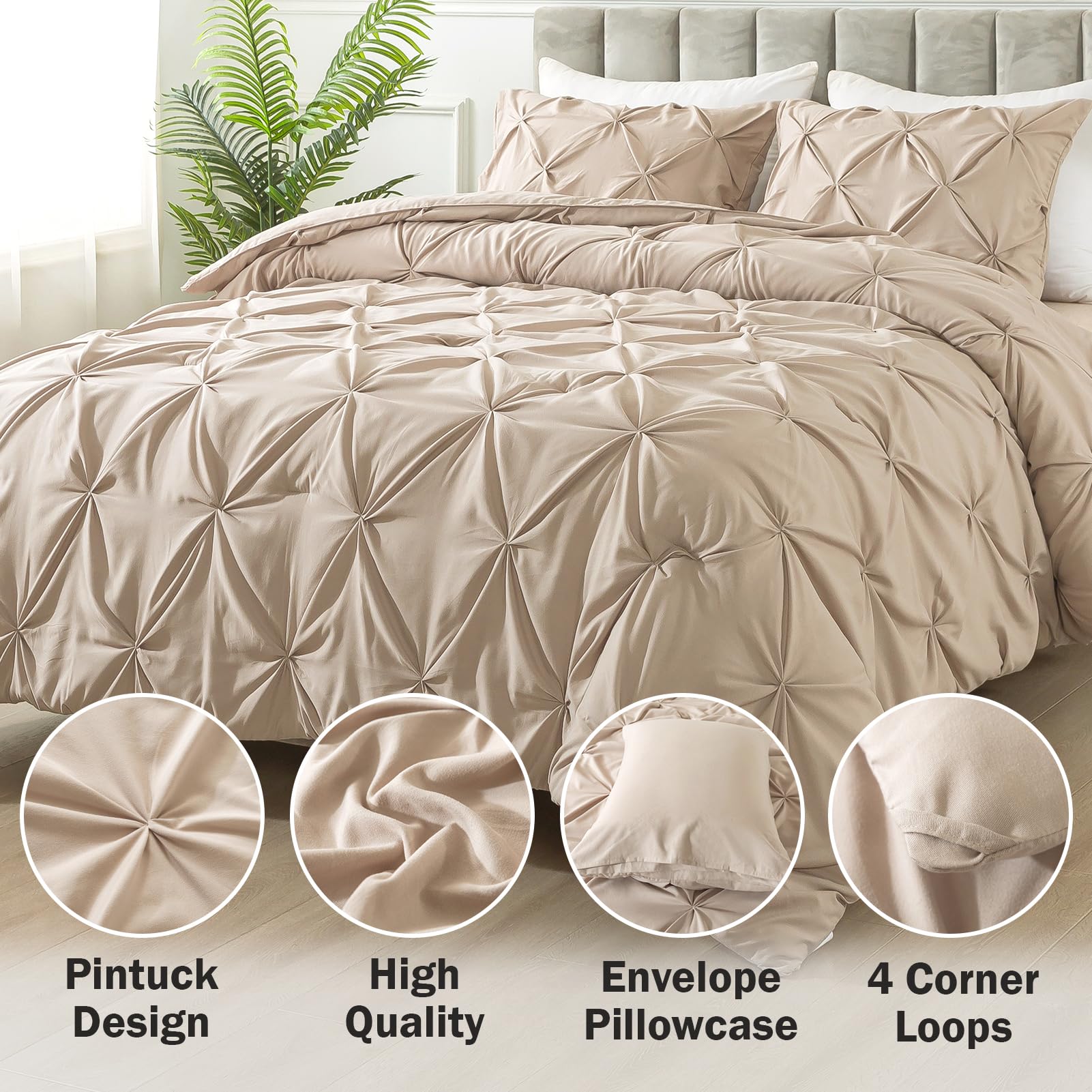 Andency Wheat Pinch Pleat Comforter King, 3 Pieces Solid Farmhouse Shabby Chic Pintuck Comforter, Boho Vintage Rustic Lightweight Soft Microfiber Bedding Set All Season (104X90Inch Comforter)
