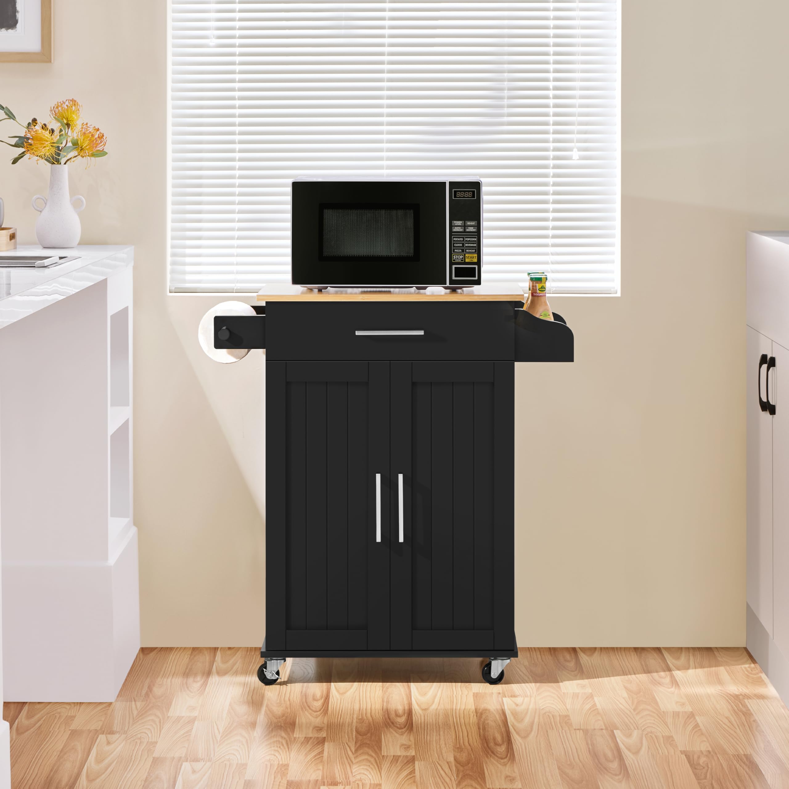 Yaheetech Kitchen Island On Wheels With Storage Cabinet, Rolling Kitchen Cart With Bamboo Top & Drawer & Spice Rack Towel Bar, Microwave Stand Cart For Kitchen/Dining Room, Black