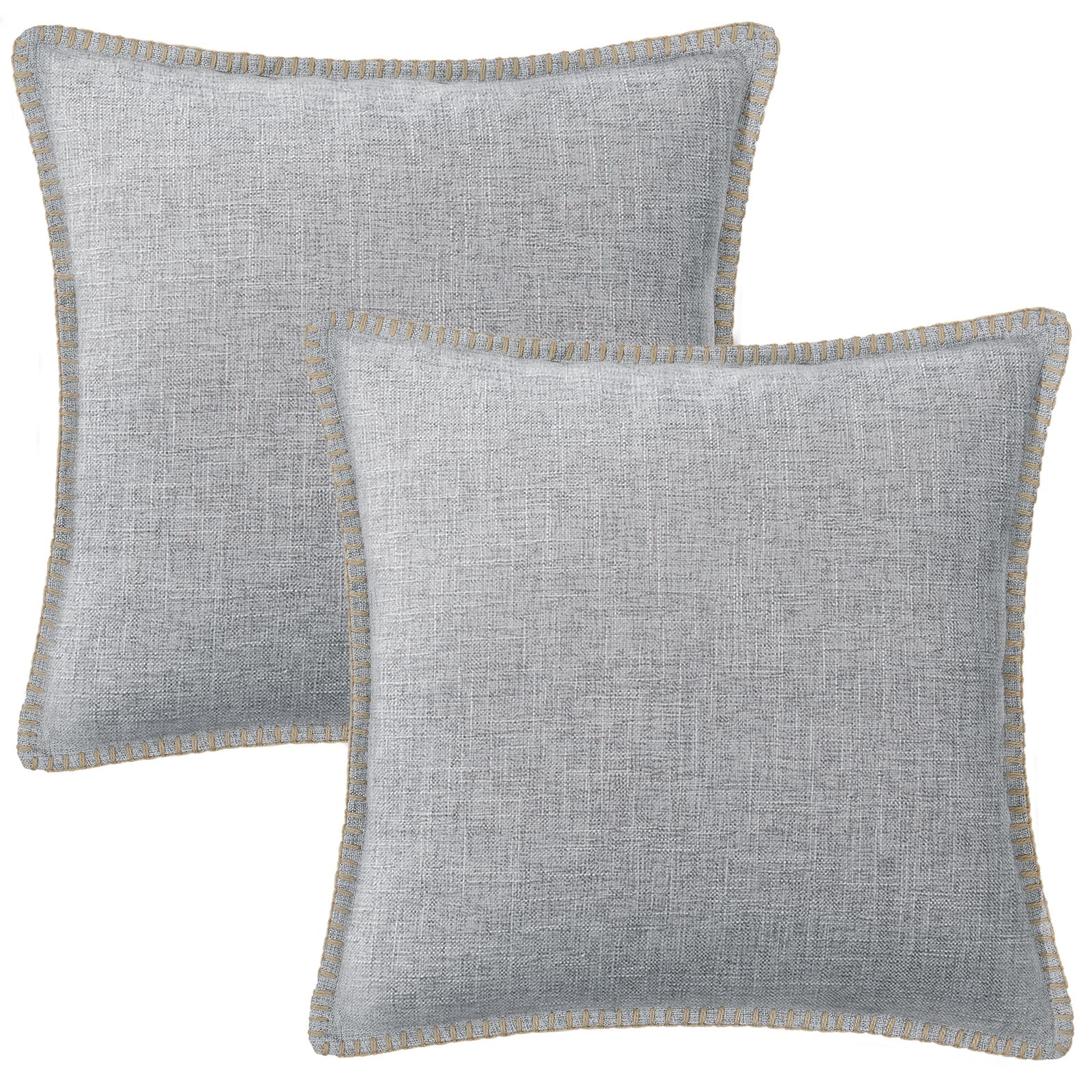 Decoruhome Decorative Outdoor Outdoor Throw Pillow Covers 18X18 Set Of 2, Square Linen Farmhouse Pillow Covers With Stitched Edg