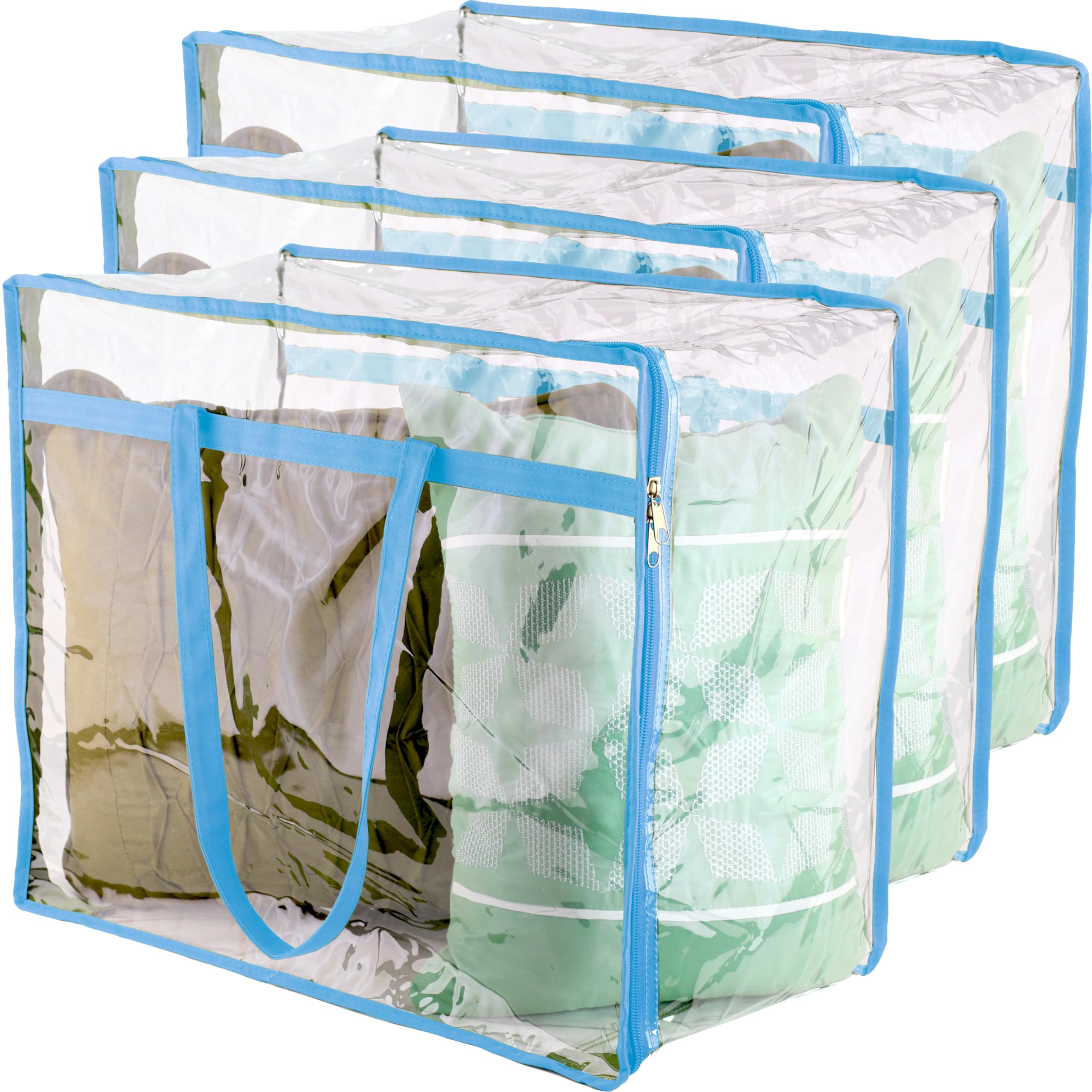 Clear Vinyl Zippered Storage Bags (3-Pack) 40L Sturdy Storage Bags for Sweaters, Blankets, Comforters, Bedding Sets and Much Mor