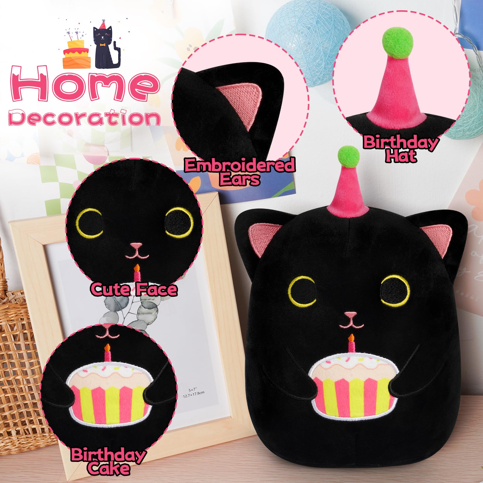 Kophinye Black Cat Plush, 8 Inch Birthday Cat Stuffed Animal Happy Birthday Plush Cute Cat Plush Pillow With Cake, Kawaii Cat Pl