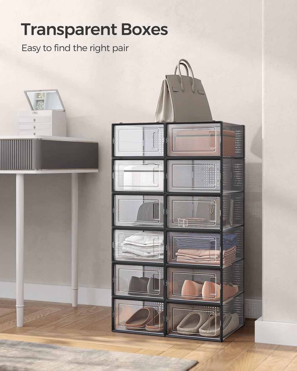 SONGMICS Shoe Boxes - Stackable Clear Plastic Organizers, 12 Count, Fits US Size 11, Transparent  Black, Model ULSP006B12