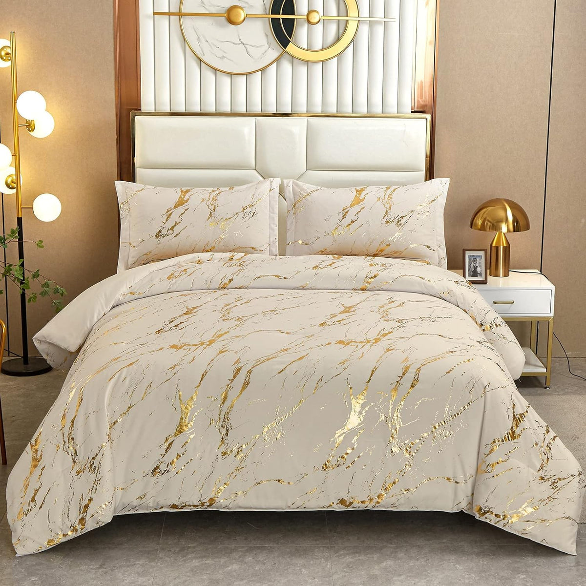 WONGS BEDDING Gold Metallic Marble Khaki Comforter Set Full Foil Print Glitter Bedding Sets with 2 Pillowcases for All Seasons, 