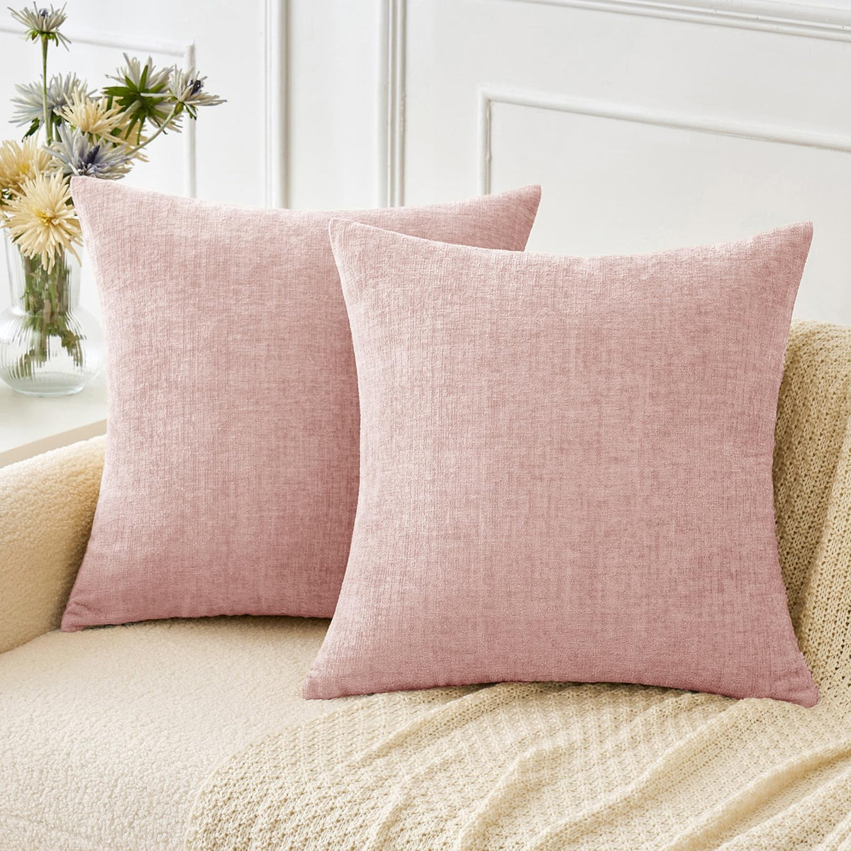 Miulee Pack Of 2 Couch Throw Pillow Covers 20X20 Inch Soft Pink Chenille Pillow Covers For Sofa Living Room Solid Dyed Pillow Ca