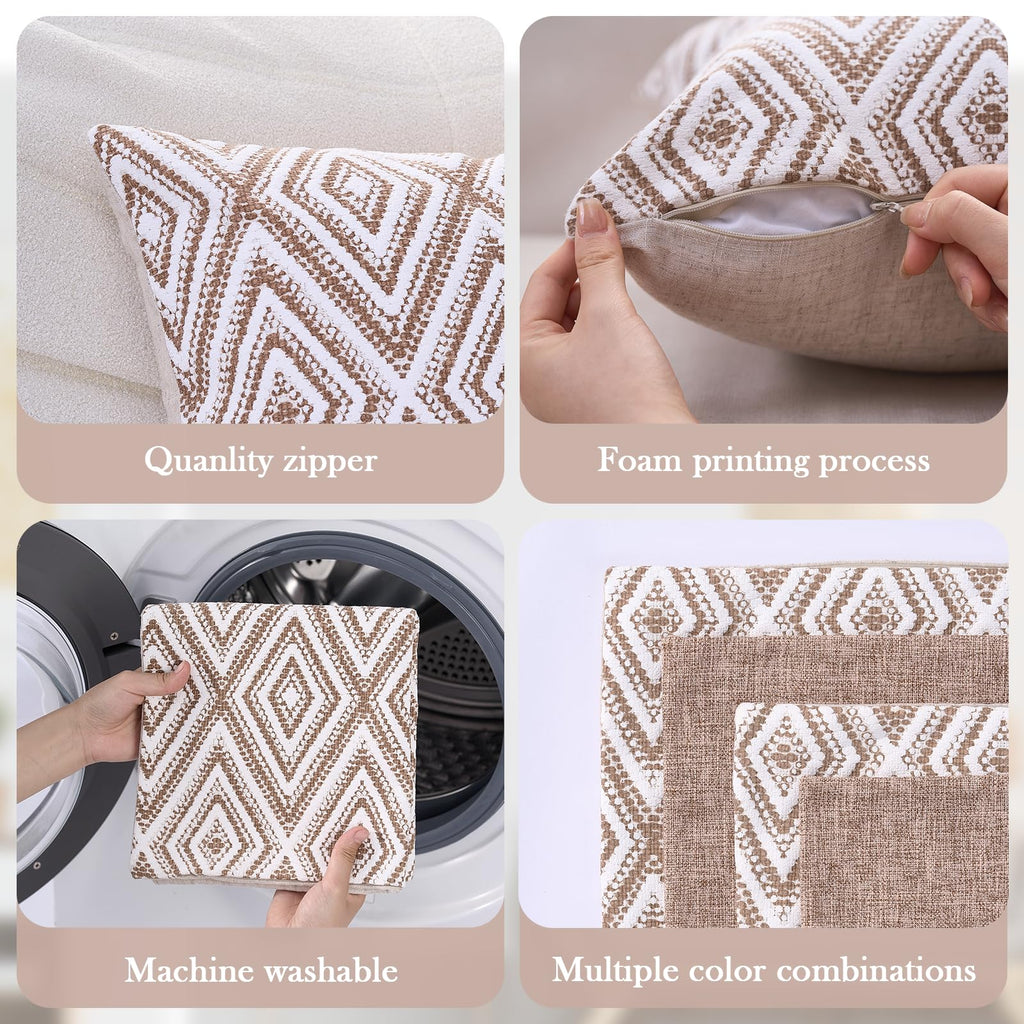 Hpuk Decorative Throw Pillow Covers Set Of 4 Geometric Design Linen Cushion Cover For Couch Sofa Living Room, 20'X20' Inches, Light Brown