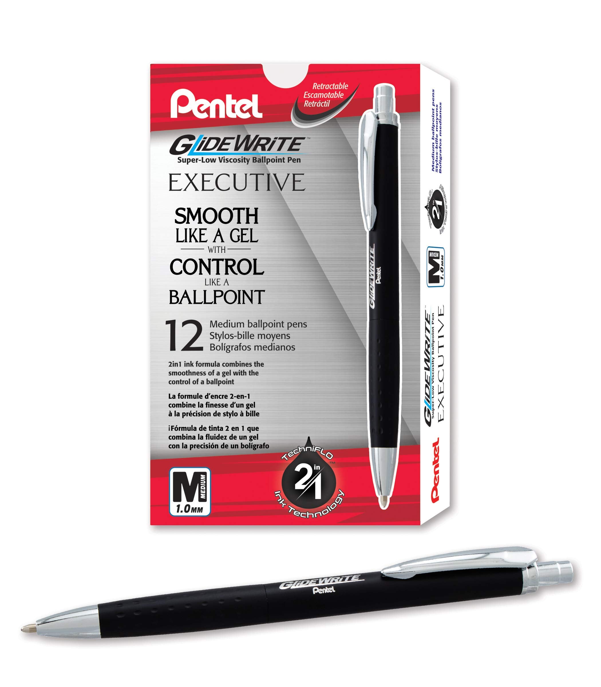 Pentel Glidewrite Executive Ballpoint Pen, (1.0Mm) Medium Line, Black Metal Barrel, Black Ink, Box Of 12 (Bx970A-A)