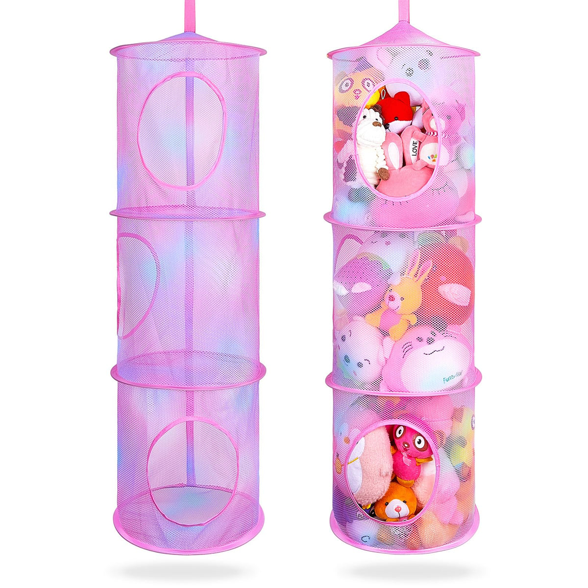 Basumee 2 Pcs Stuffed Animal Storage Net - Mesh Hammock Organizer, 3 Tiers, Pink