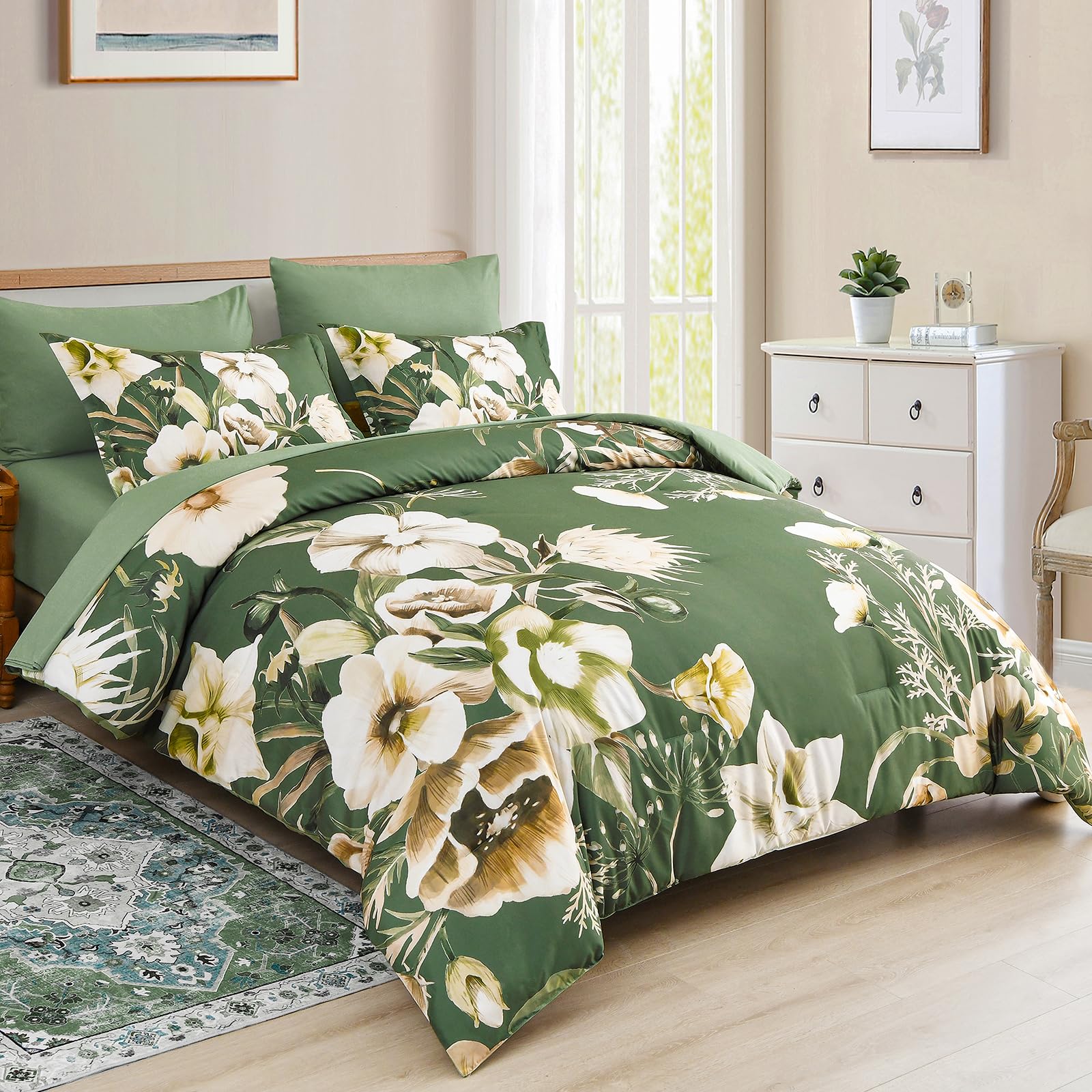 Luxudecor Floral Comforter Set Queen Size 7 Piece, Olive Green Flower Bed In A Bag, Elegant Comforter Bedding Set For All Season