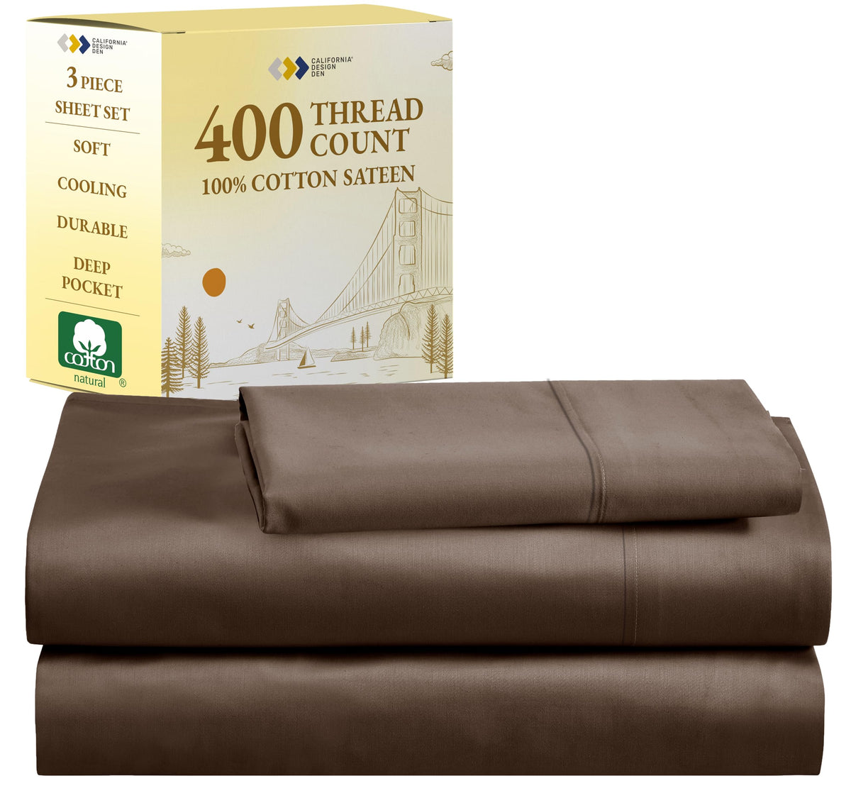 California Design Den 100% Cotton Sheets Twin Xl, 400 Thread Count Sateen, Soft & Breathable, Cooling Brown Sheet Set, Deep Pock