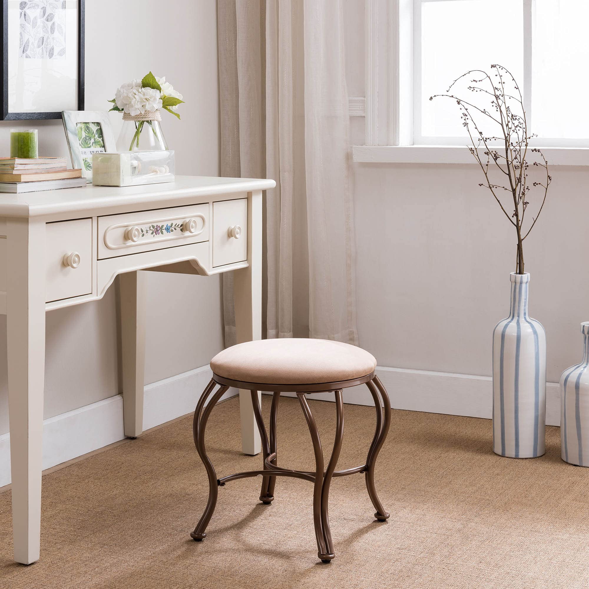 Pilaster Designs Transitional Namon Vanity Makeup Dressing Stool with Gold Metal Wavy Legs & Brown Upholstered Microfiber Seat