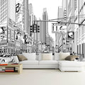 WFBHUA-Black and White New York City Wallpaper Hand Painted Times Square Wall Mural Decoration for Living Room Bedroom Offices(N
