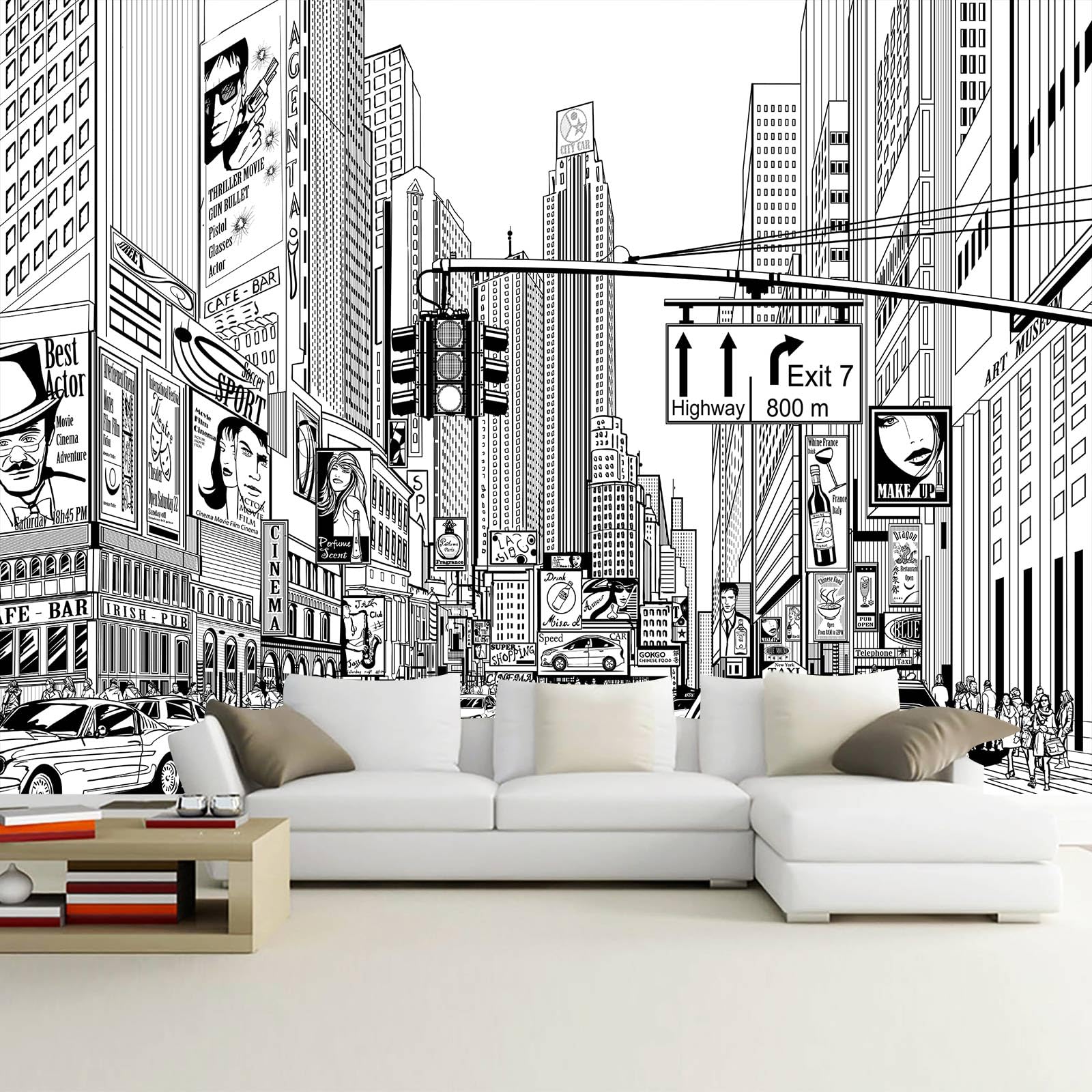 WFBHUA-Black and White New York City Wallpaper Hand Painted Times Square Wall Mural Decoration for Living Room Bedroom Offices(N