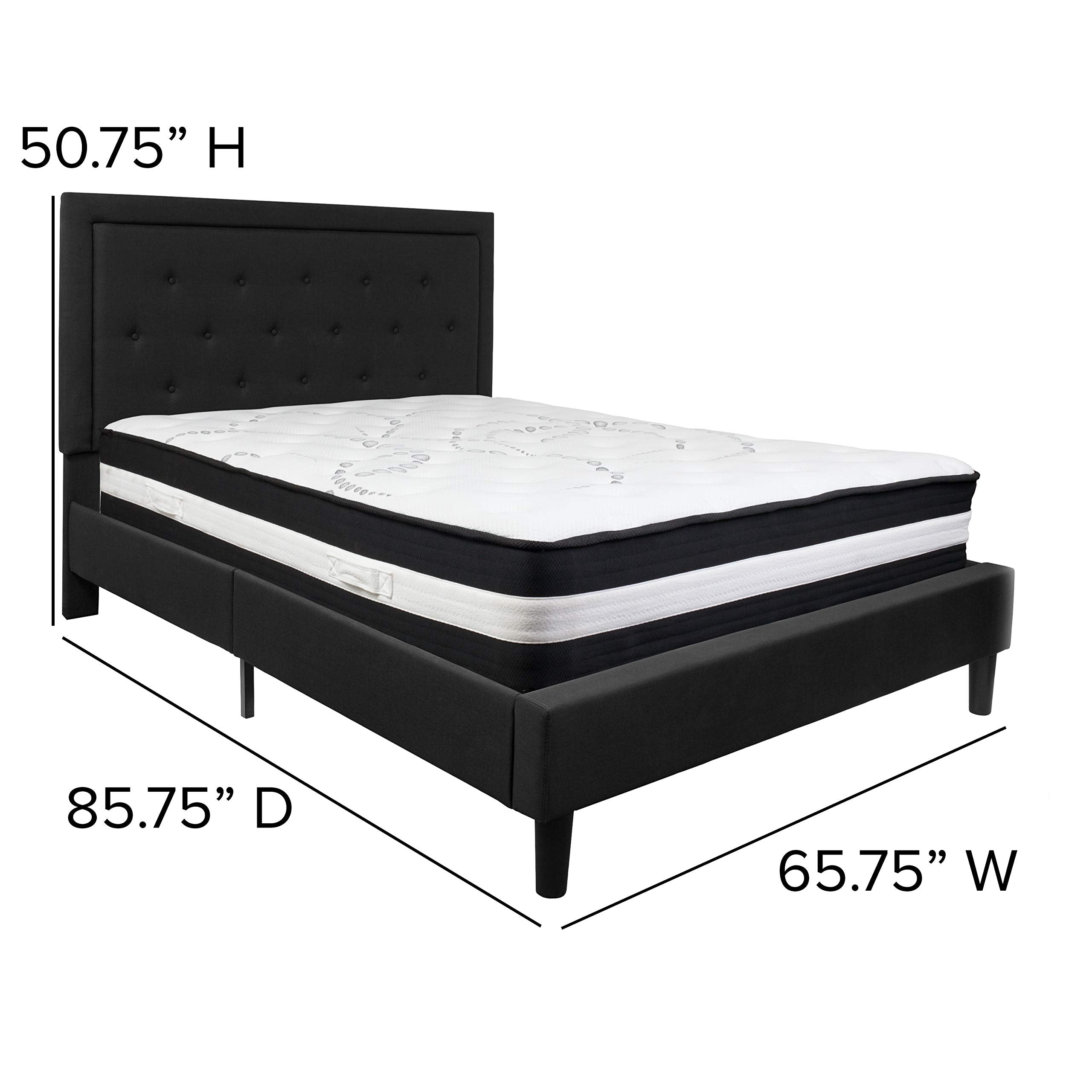 Flash Furniture Roxbury Queen Size Tufted Upholstered Platform Bed In Black Fabric With Pocket Spring Mattress