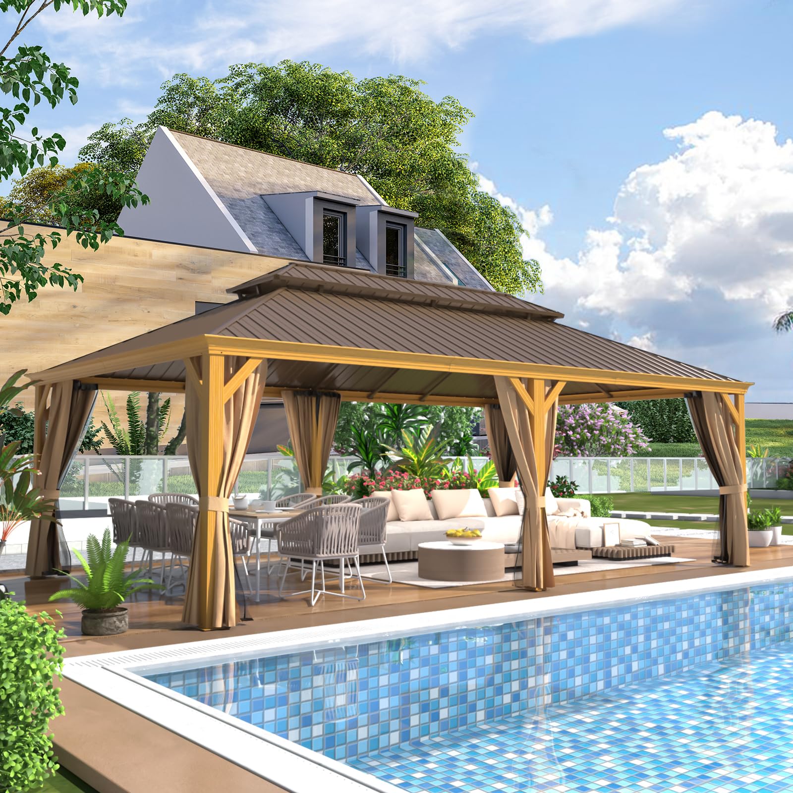 Yoleny 14' X 24' Gazebo, Hardtop Gazebo Wood-Looking Gazebo With Galvanized Steel Double Roof, Aluminum Frame, Outdoor Patio Har