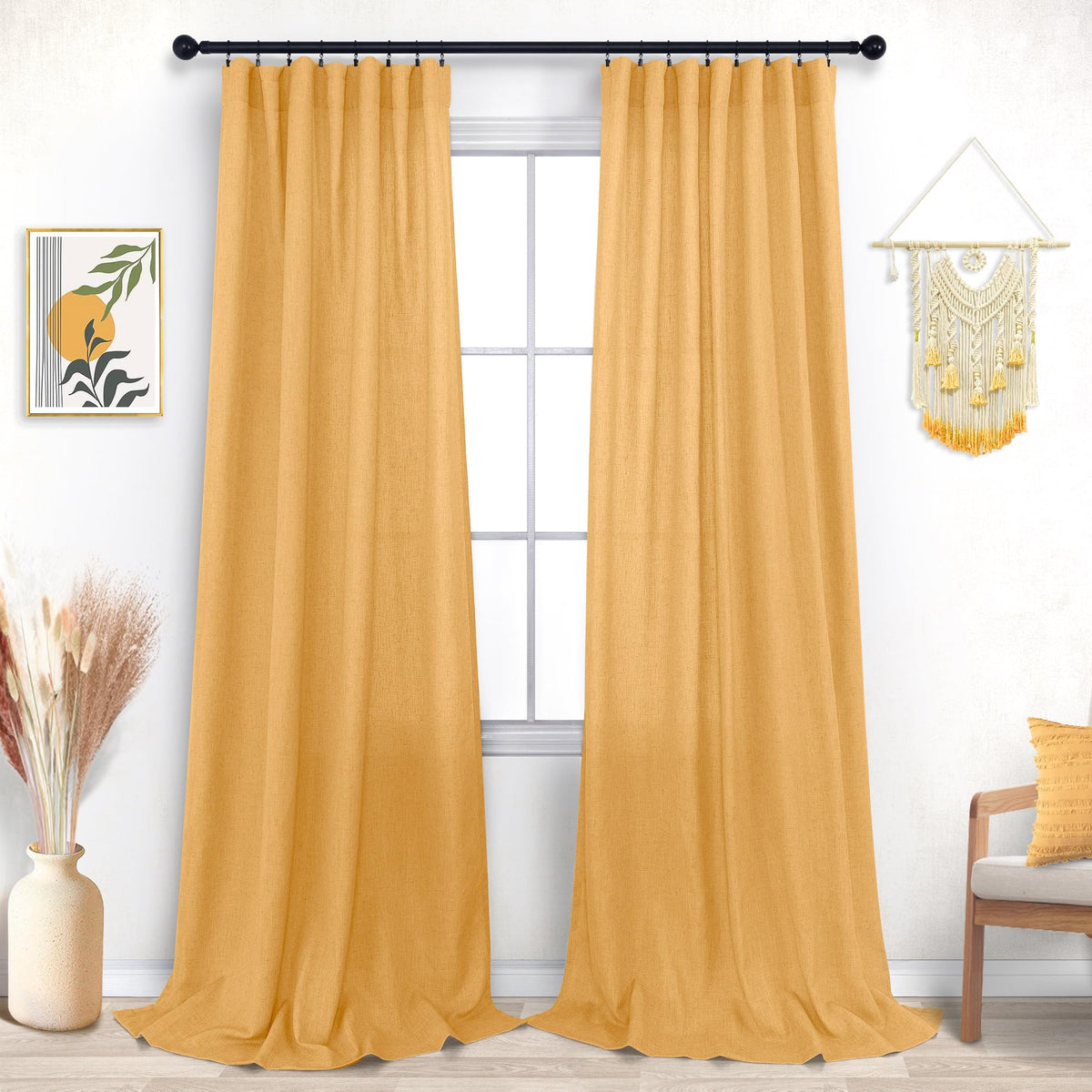 Yellow Linen Curtains 84 Inch Length For Bedroom Dining Room Rod Pocket Set 2 Panels Boho Autumn Fall Sunflower Decor Bright Mus