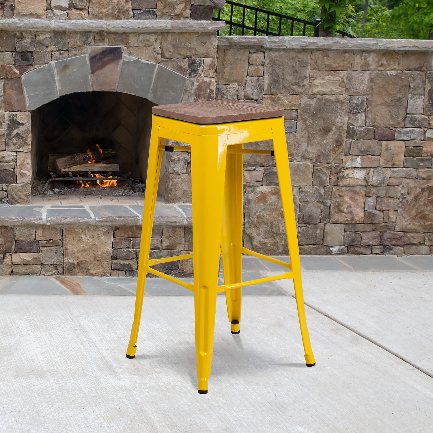 Flash Furniture Lily 30&quot; High Backless Yellow Metal Barstool with Square Wood Seat