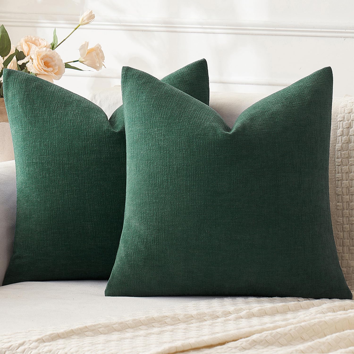 Miulee Dark Green Couch Pillow Covers 18X18 Inch, Set Of 2 Soft Chenille Decorative Square Throw Pillow Covers Farmhouse For Sofa Living Room Bed
