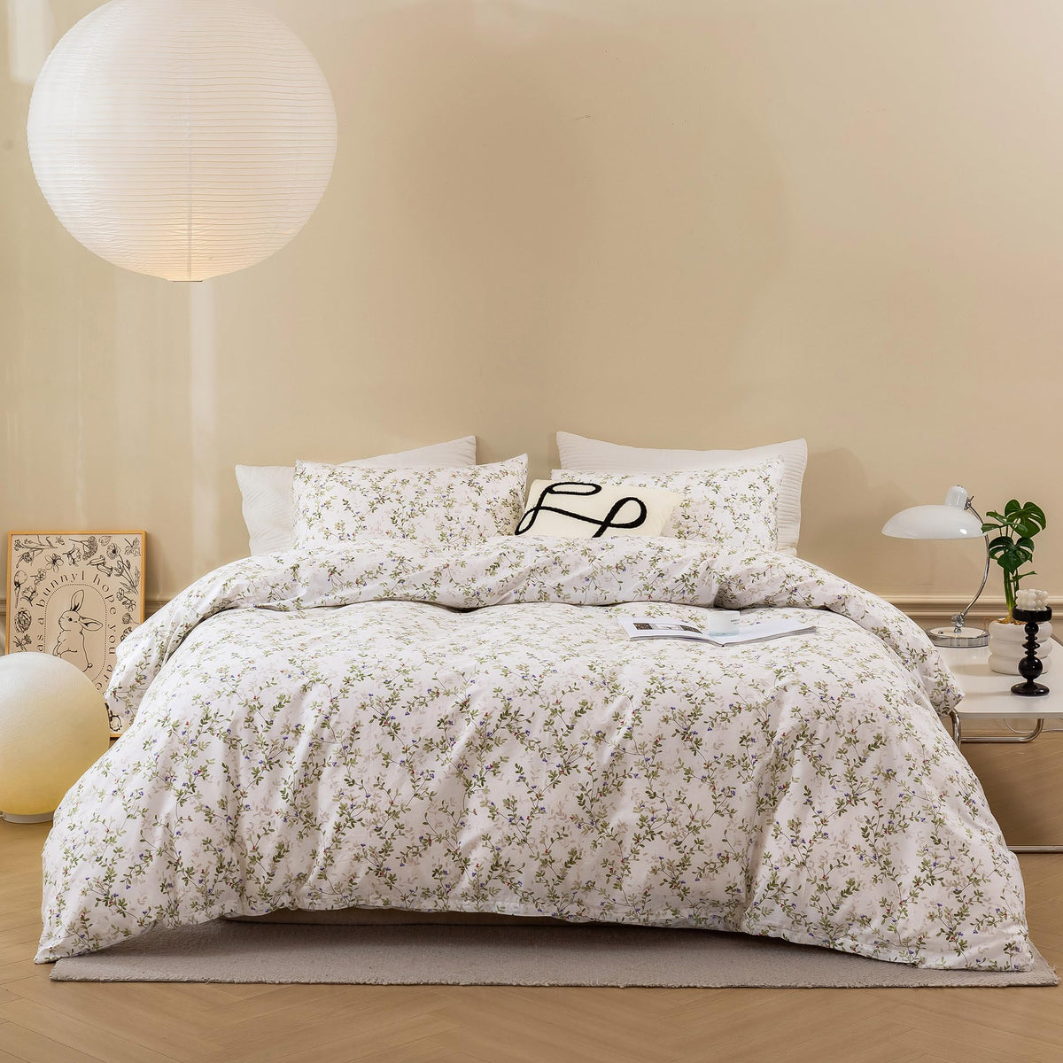 Ecocott Duvet Cover Queen Size - Mini Green Leaves Botanical Floral Duvet Cover Set, Super Soft Comforter Quilt Cover With Zippe