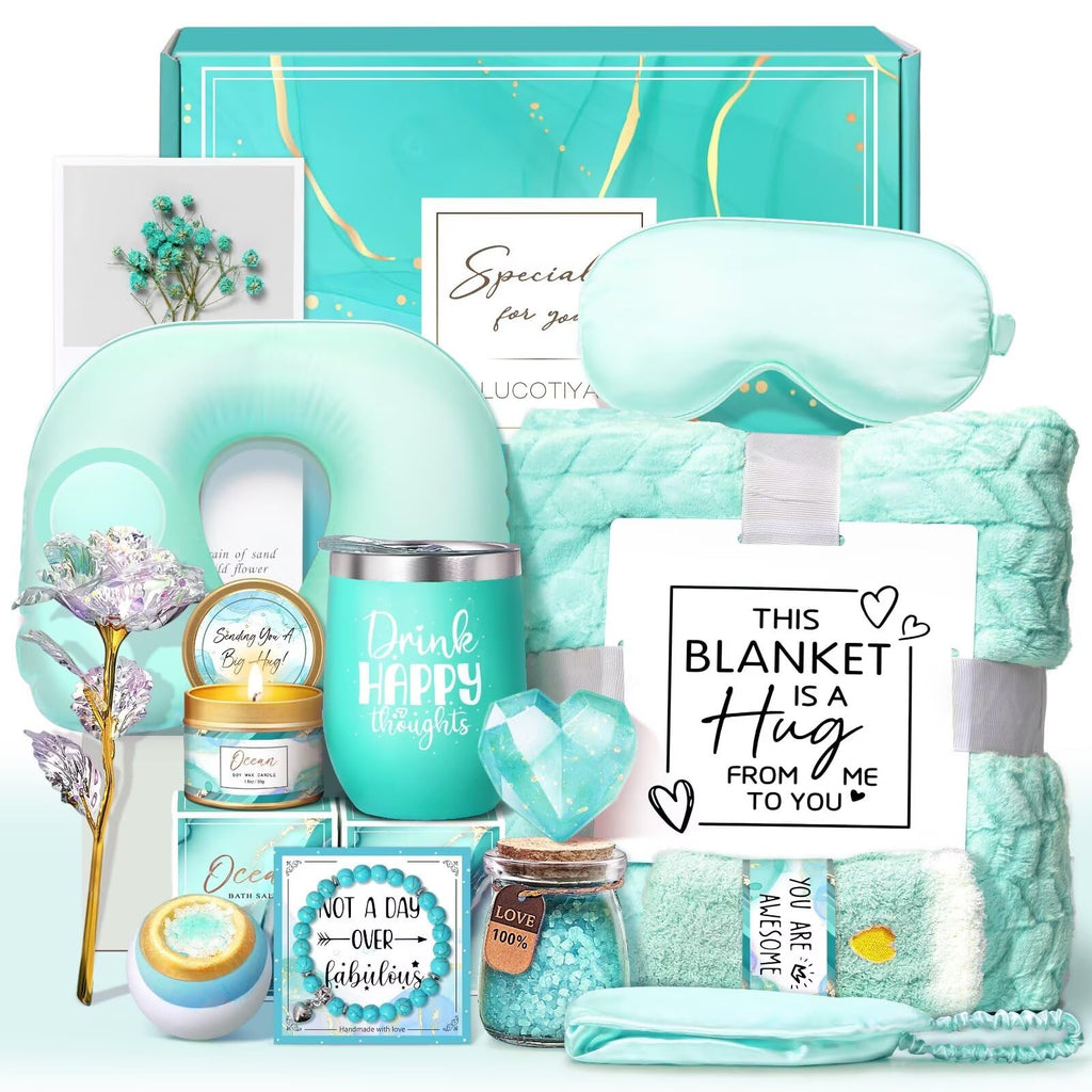 Lucotiya Birthday Gifts For Women Self Care Gifts Get Well Soon Gifts,Ocean Relaxing Spa Gift Basket Care Package With Blanket,