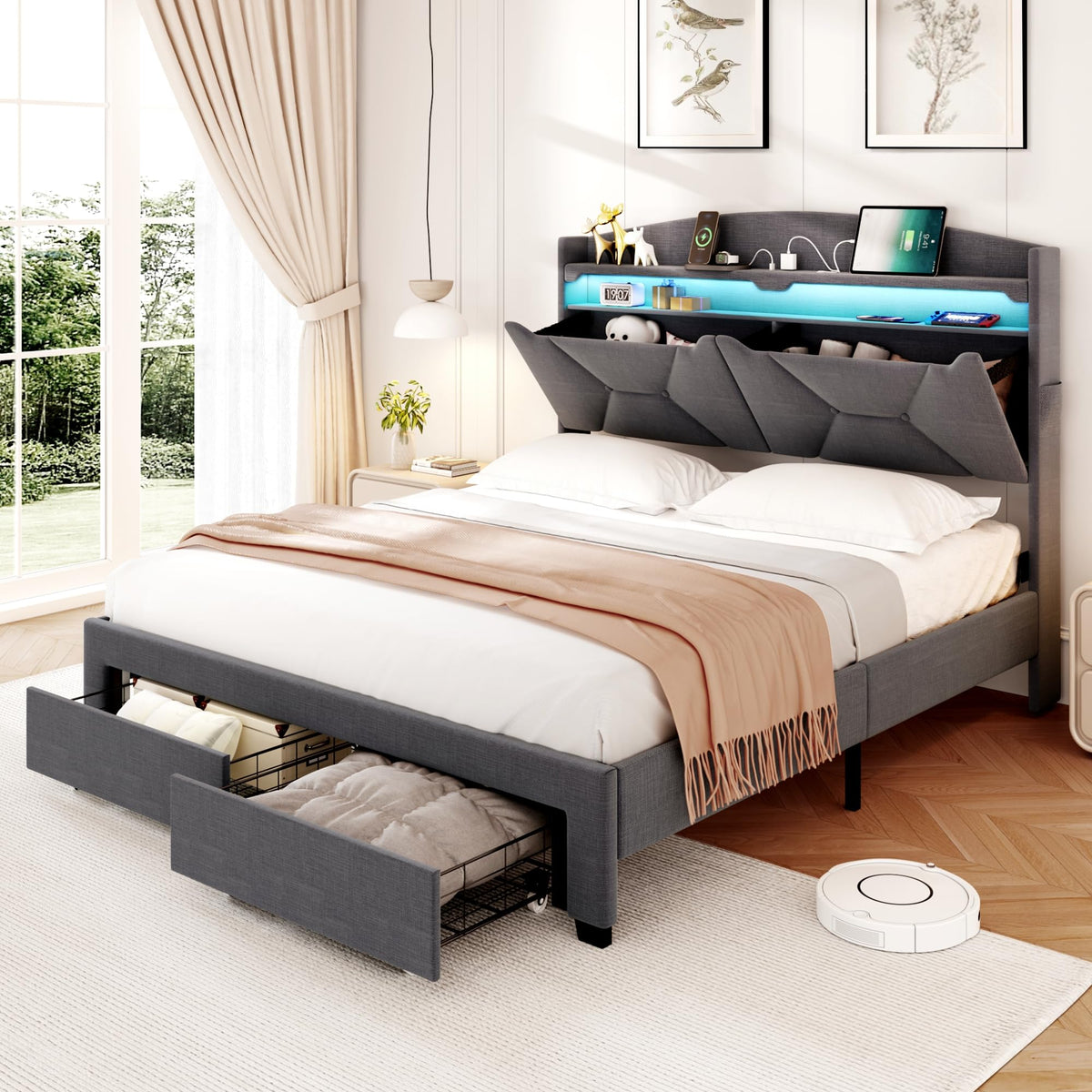 Vintljus Queen Size Bed Frame, Queen Bed Frame With Storage Drawers, Upholstered Bed Queen Size With Charging Station And Led Li