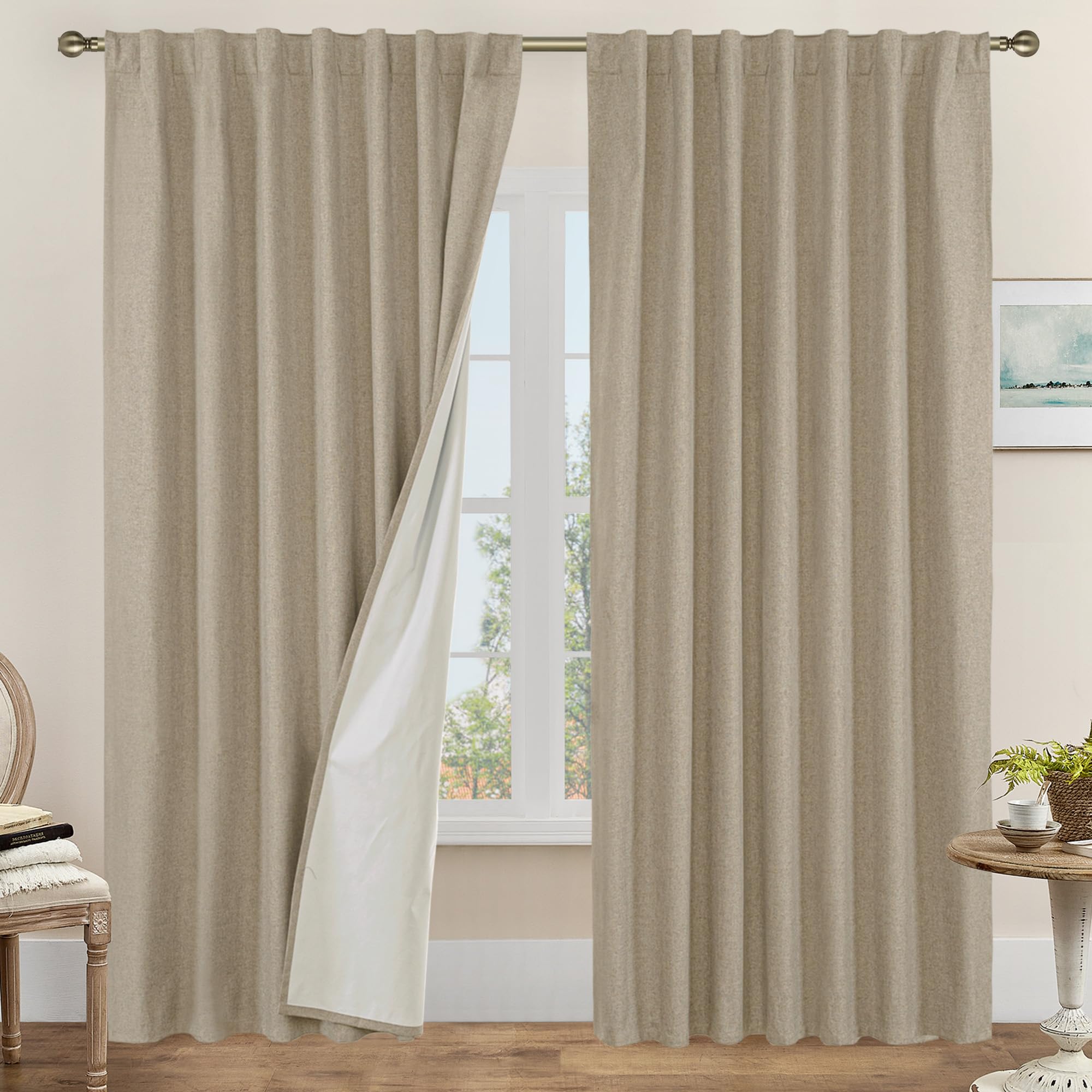 LAMIT Taupe 100% Blackout Linen Curtains, 84 Inch Linen Textured Living Room Farmhouse Curtains Room Darkening Back Tab and Rod 