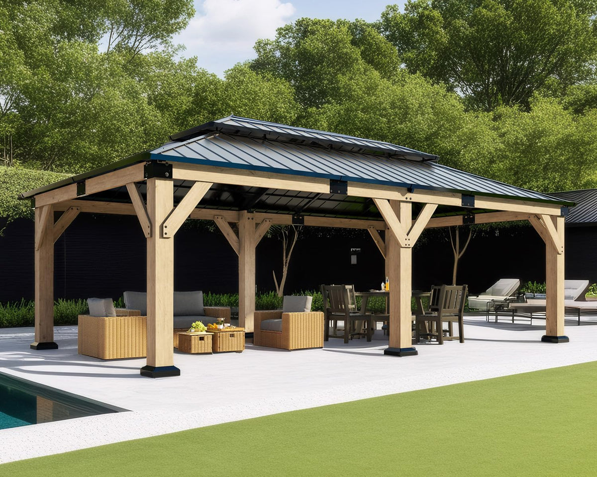 Amerlife 12X20Ft Outdoor Wood Gazebo, Hardtop Pergola With Metal Roof & Spruce Wood Frame, Backyard Gazebo For Garden,Conversati