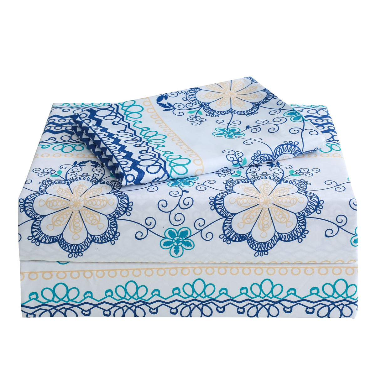 Jsd Blue Boho Printed Sheet Set Twin Size, 3 Piece Soft Floral Microfiber Sheets Extra Deep Pocket Wrinkle Free