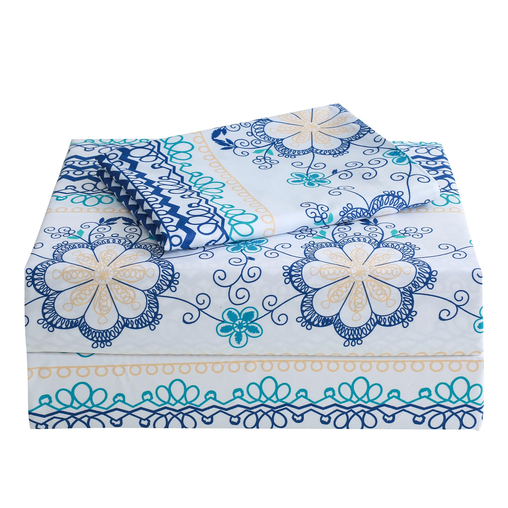Jsd Blue Boho Printed Sheet Set Twin Size, 3 Piece Soft Floral Microfiber Sheets Extra Deep Pocket Wrinkle Free