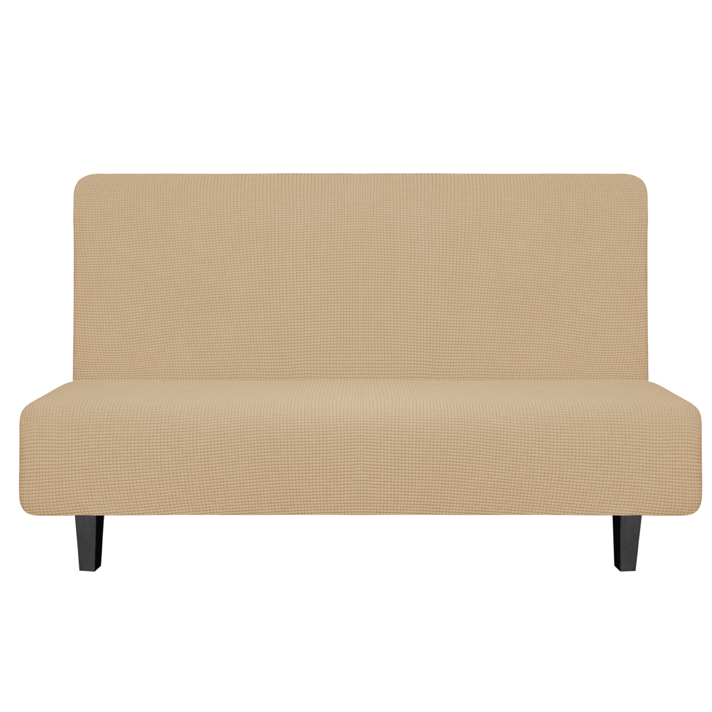 Easy-Going Stretch Futon Slipcover Armless Futon Bed Cover Furniture Protector Without Armrests With Elastic Bottom For Kids, Soft Jacquard Fabric Small Checks (Medium, Sand)