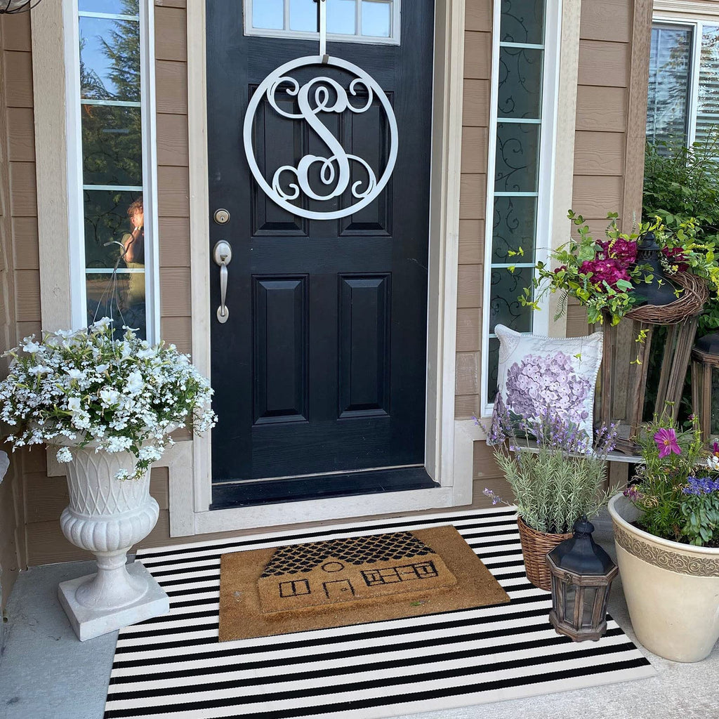 Black And White Striped Outdoor Rug Halloween Front Porch Rug Washable Farmhouse Fall Layered Door Mat Cotton Hand-Woven Welcome