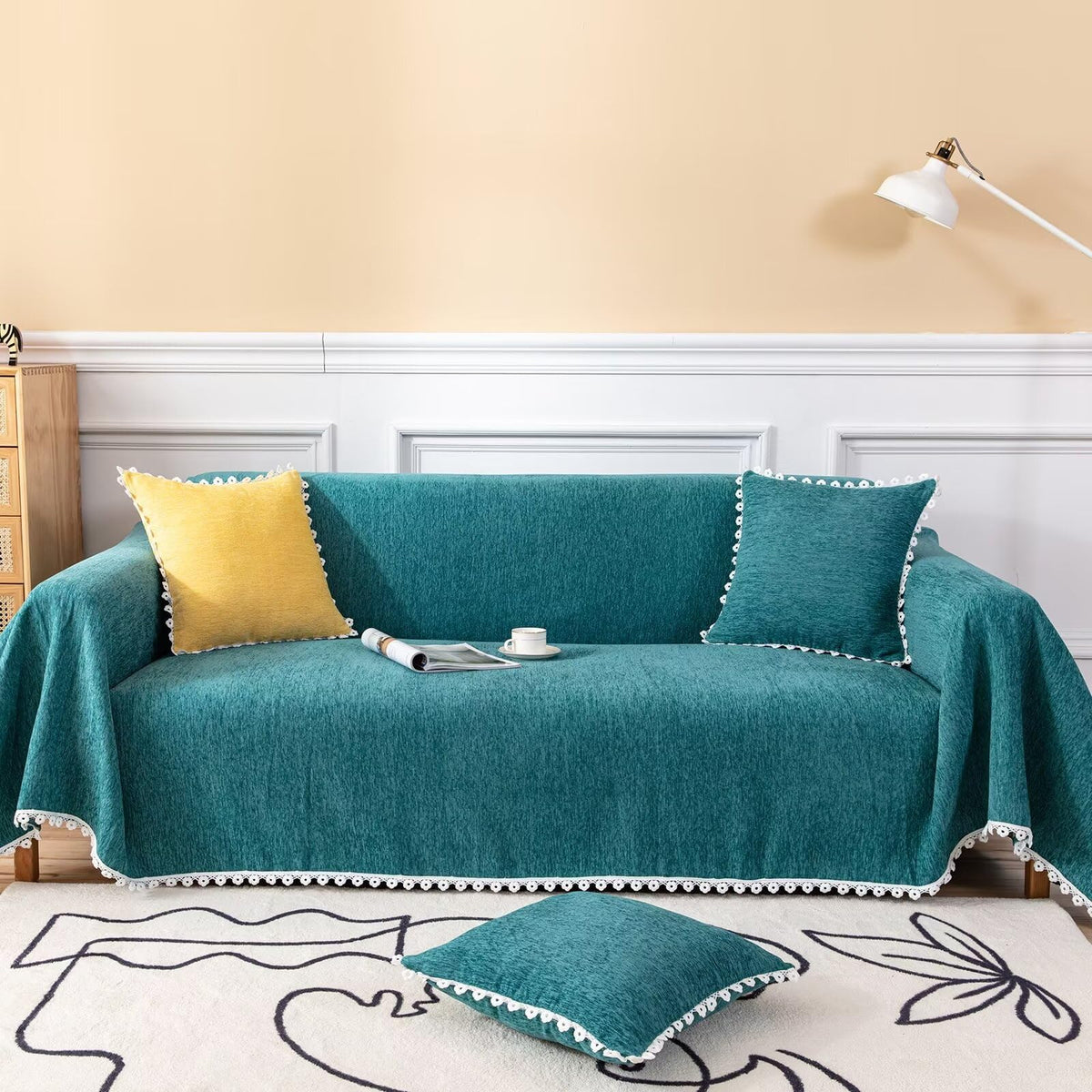 Vclife Chenille Couch Cover Lace Flower Hem Turquoise Sofa Cover Thick Couch Cover For 2 Cushion Couch Sofa Cover 1 Piece Lovese