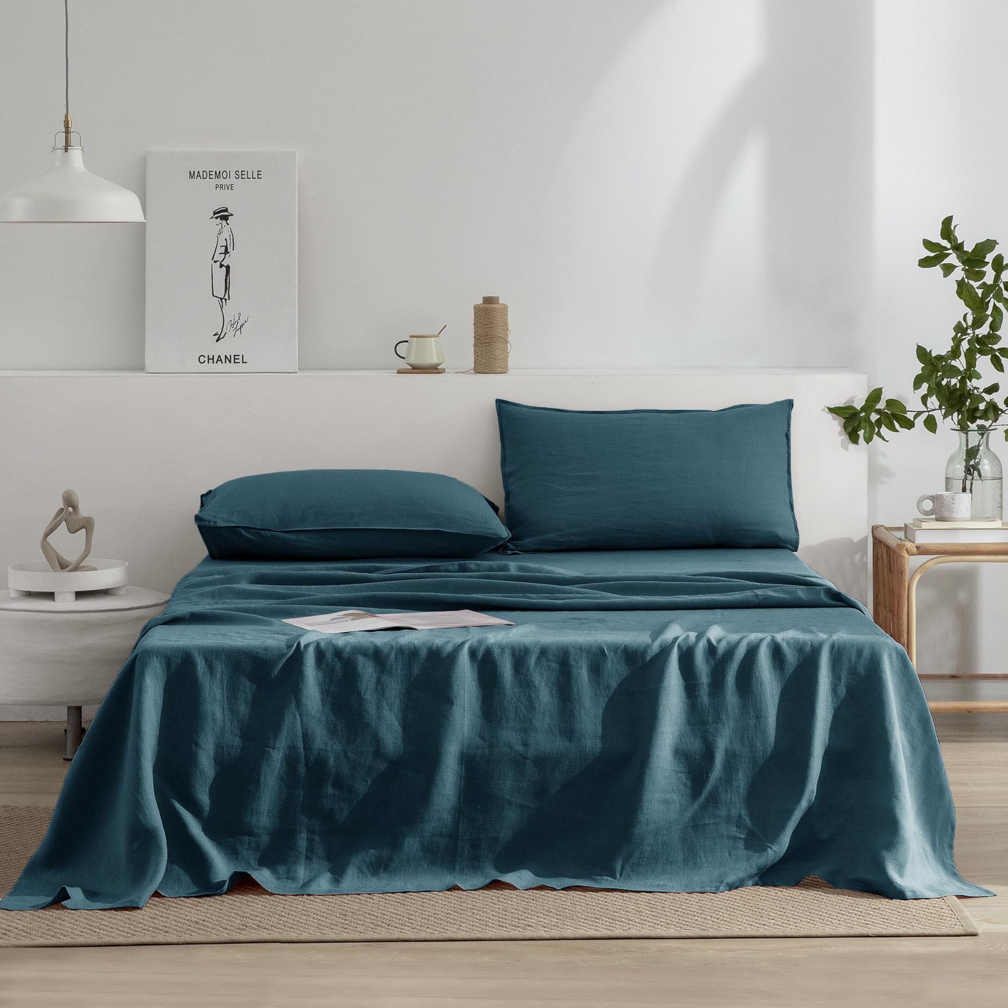 EVERLY Linen California King Sheets Set, 100% Stonewashed French Linen Bed Sheets Deep Pocket Sheets, 4 Pieces (1 Flat Sheet, 1 