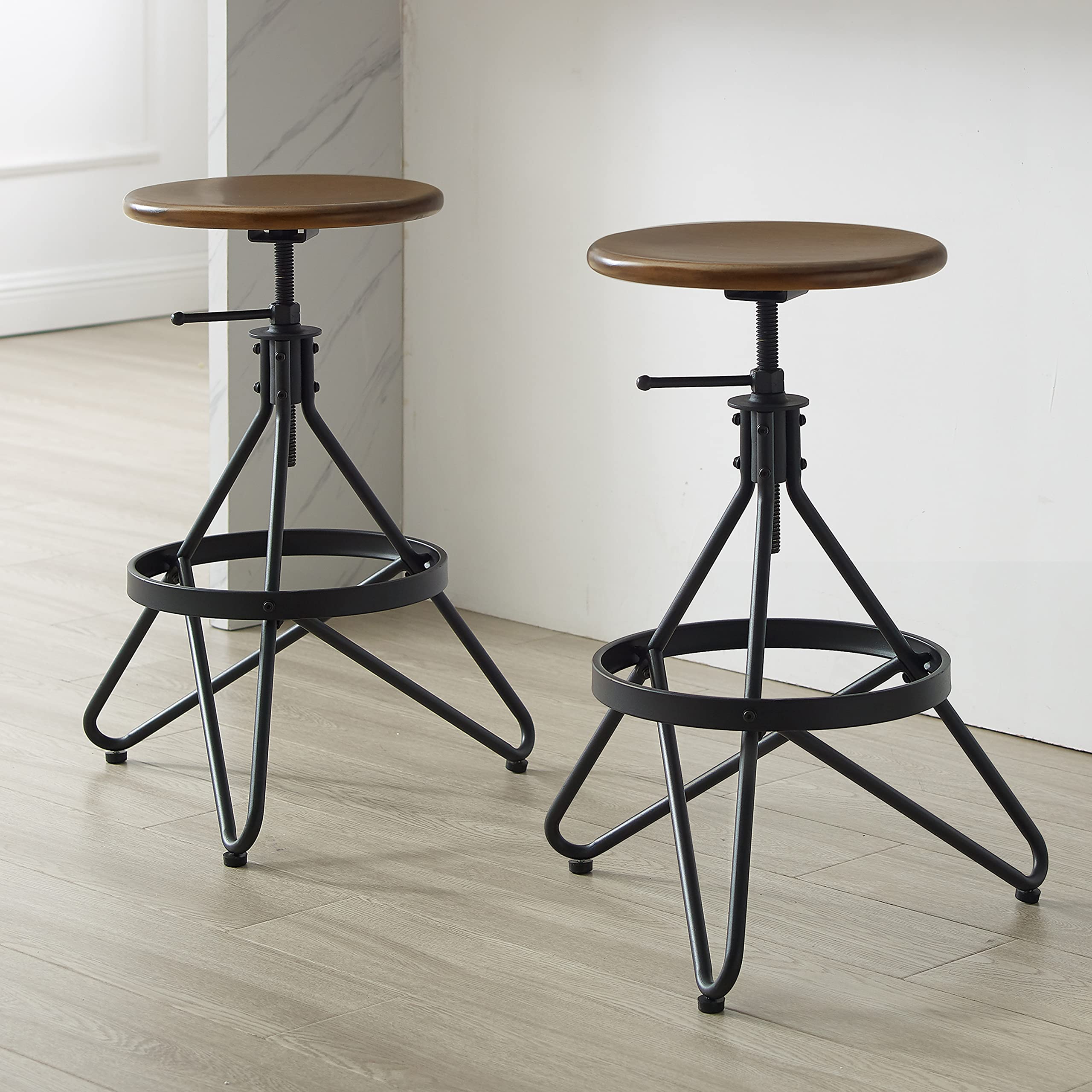 Crosley Furniture Kalen Wood Seat Adjustable Height Swivel Bar Stools Set Of 2, Brown/Matte Black