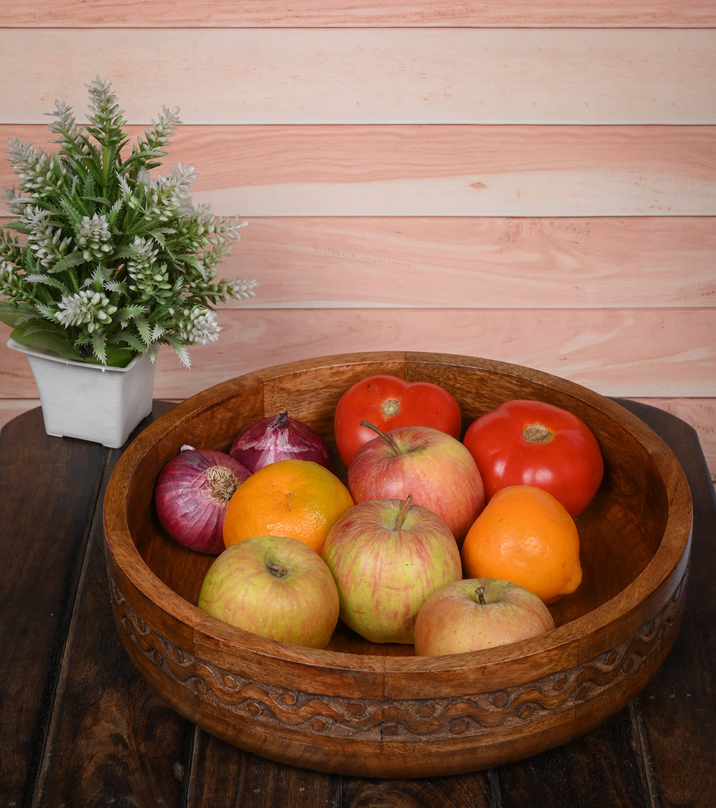 Edhas Mango Wood Decorative Round Carved Bowl For Decoration, Centerpiece Bowl For Table (10' X 10' X 2.5')