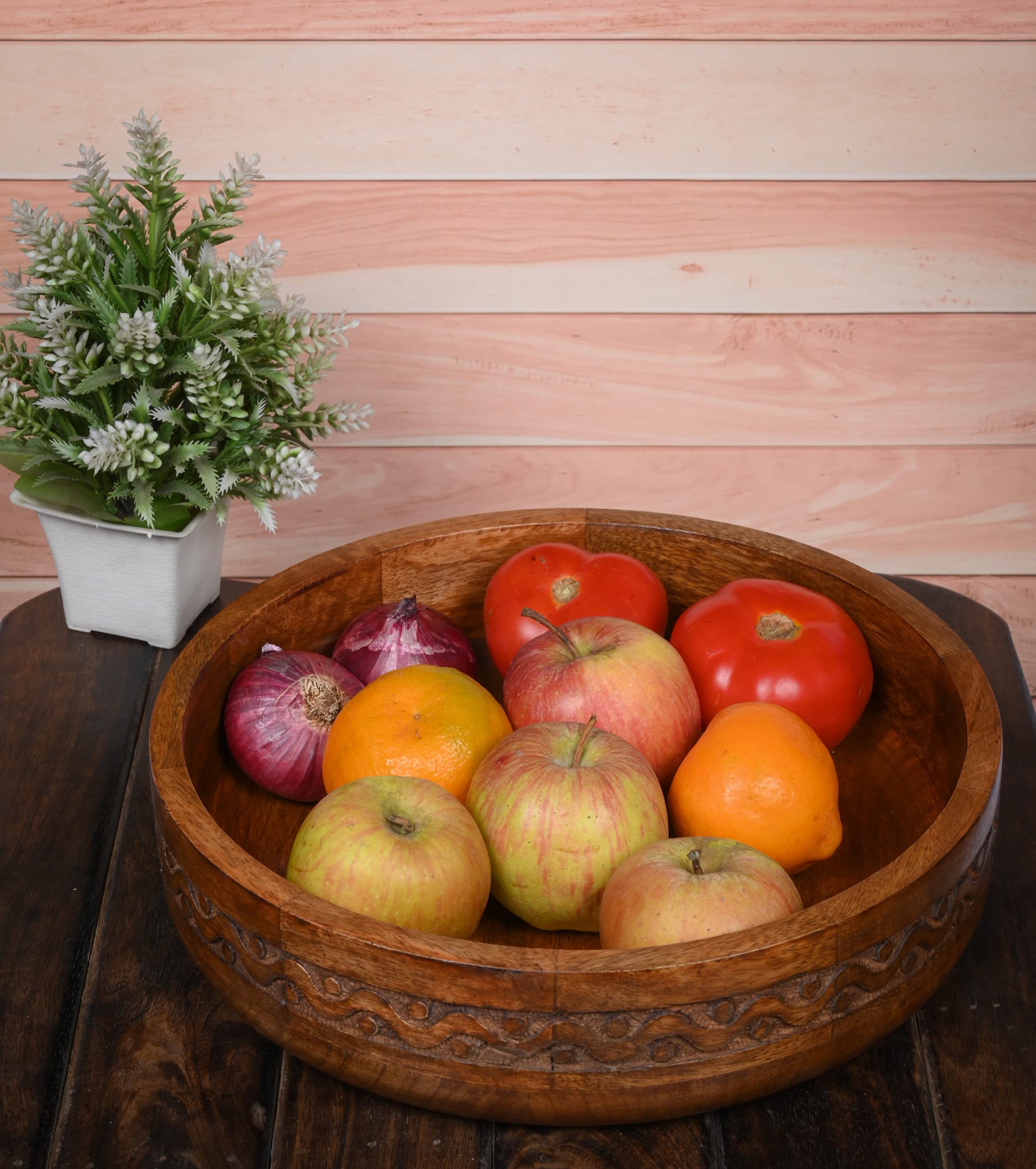 Edhas Mango Wood Decorative Round Carved Bowl For Decoration, Centerpiece Bowl For Table (10' X 10' X 2.5')