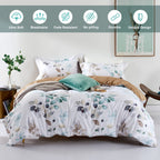 Mildly 100% Long-Staple Cotton Duvet Cover Set Teal Blue Green Leaf Pattern Printed Comforter Cover 3Pcs, Ultra Soft & Breathabl
