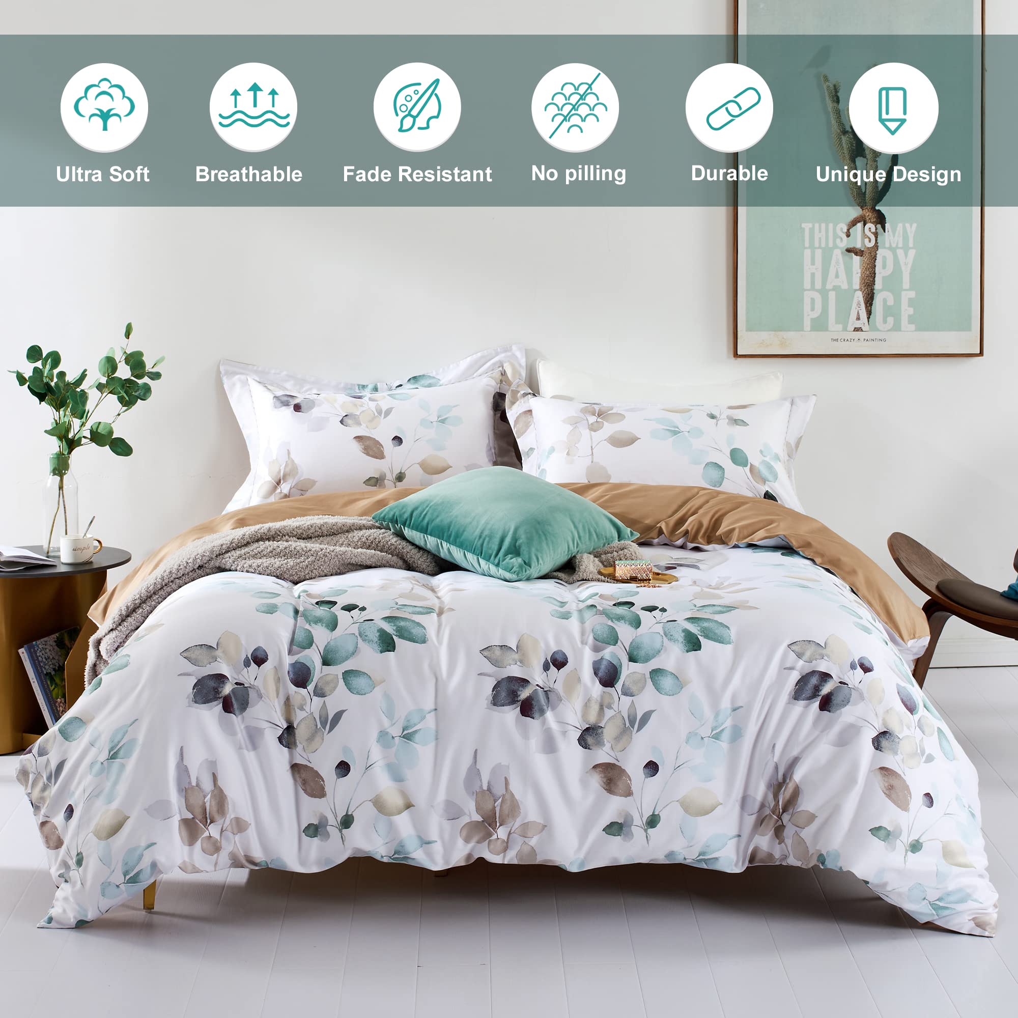 Mildly 100% Long-Staple Cotton Duvet Cover Set Teal Blue Green Leaf Pattern Printed Comforter Cover 3Pcs, Ultra Soft & Breathabl