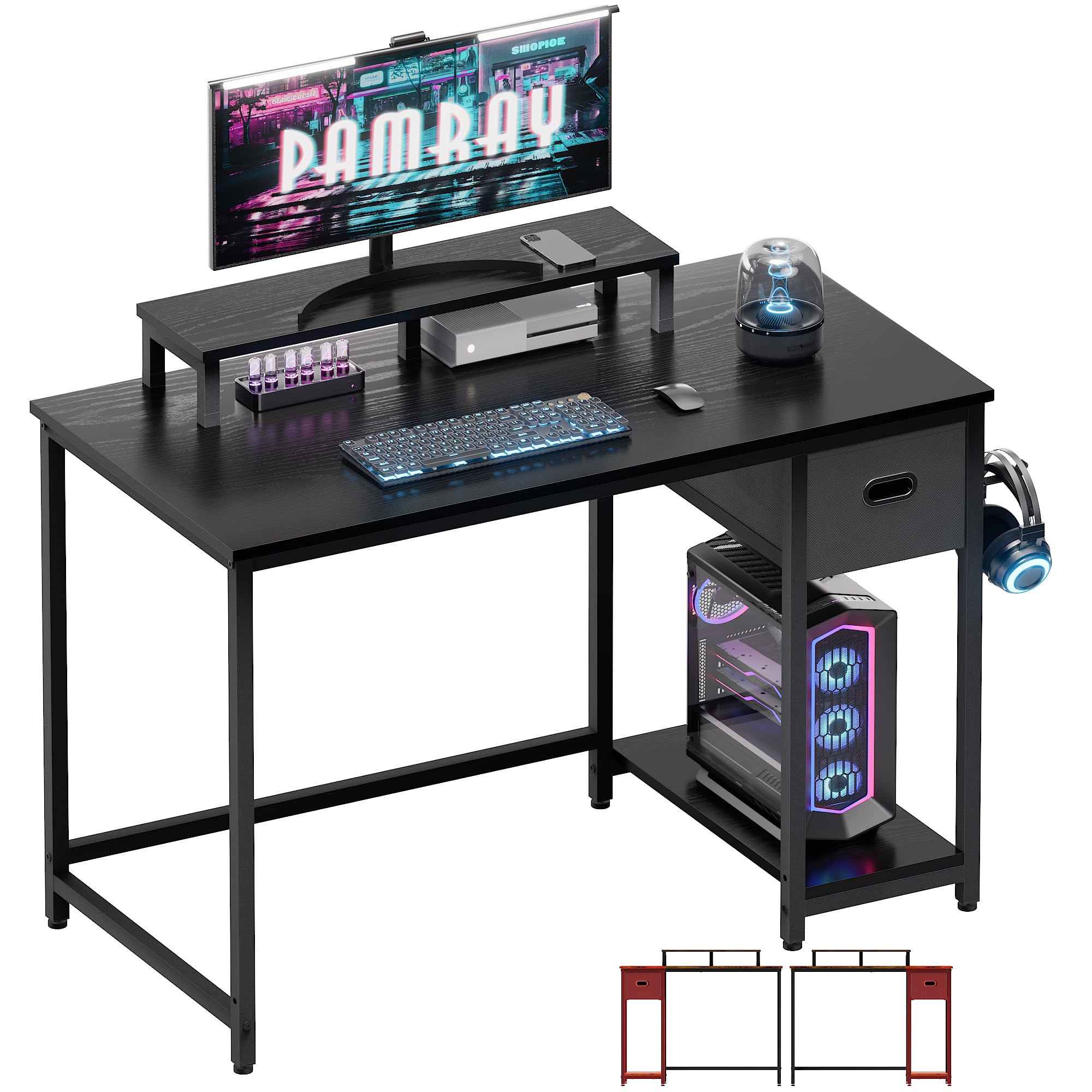 Pamray 39 Inch Computer Desk With Monitor Stand Small Home Office Desks With Non-Woven Storage Drawer For Bedroom Study Table Writing And Work Desk Black