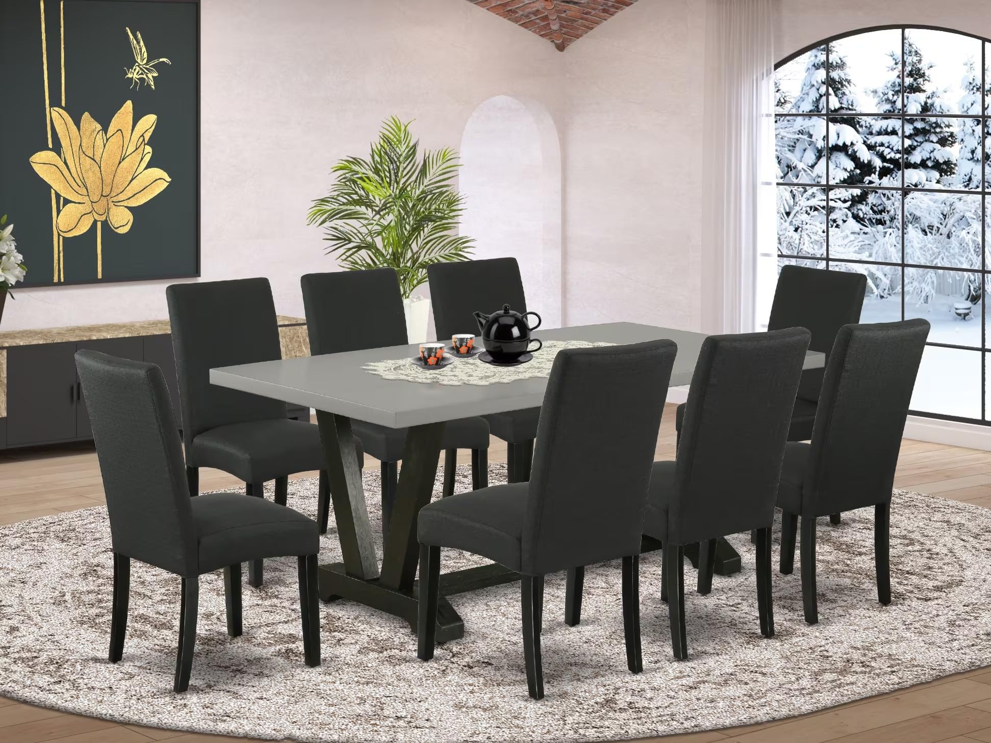 East West Furniture V697Dr124-9 9 Piece Dining Table Set Includes A Rectangle Dining Room Table With V-Legs And 8 Black Color Linen Fabric Upholstered Chairs, 40X72 Inch, Multi-Color