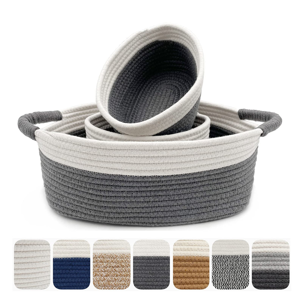 Zalaxt 3pcs 100% Natural Cotton Rope Baskets for Organizing, Small Woven Baskets Set for Living Room,Bedroom Storage Ivory + Gre