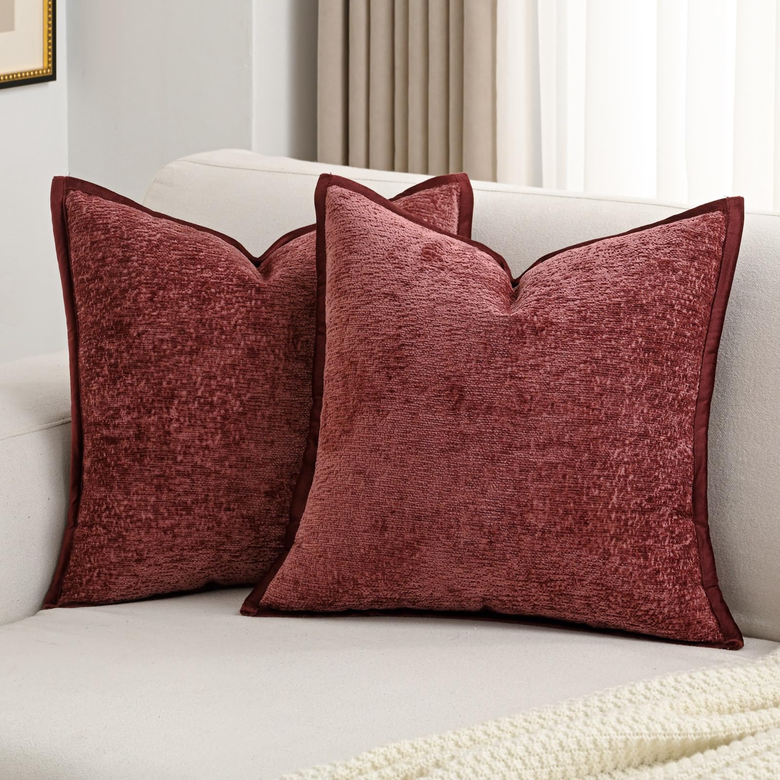 Futei Burgundy Chenille Throw Pillow Covers 24X24 Inch Set Of 2,Soft Velvet Euro Pillow Shams,Home Decor For Couch Bed Living Ro