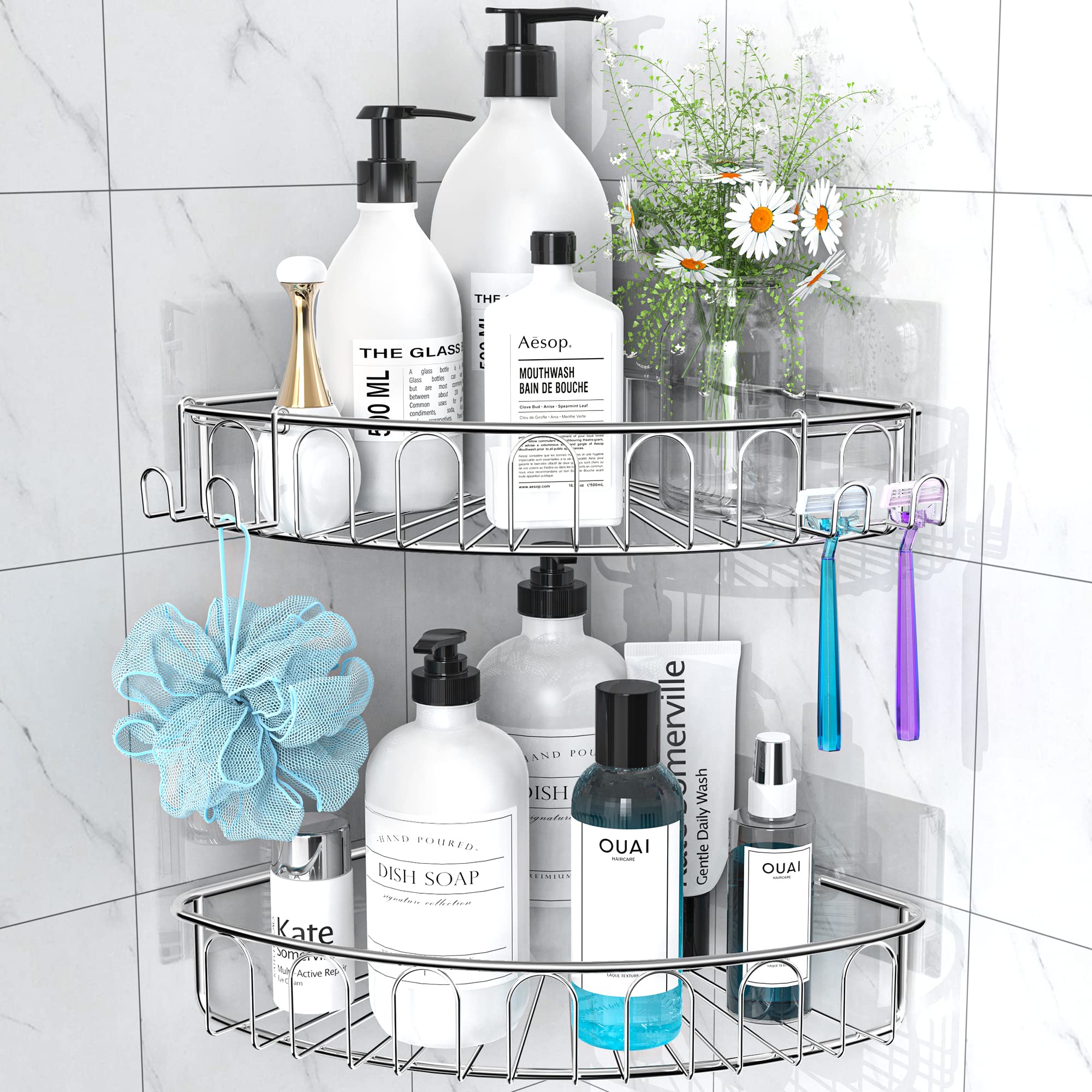 Orimade Corner Shower Caddy Stainless Steel with Hooks Wall Mounted Bathroom Shelf Storage Organizer Adhesive No Drilling 2 Pack